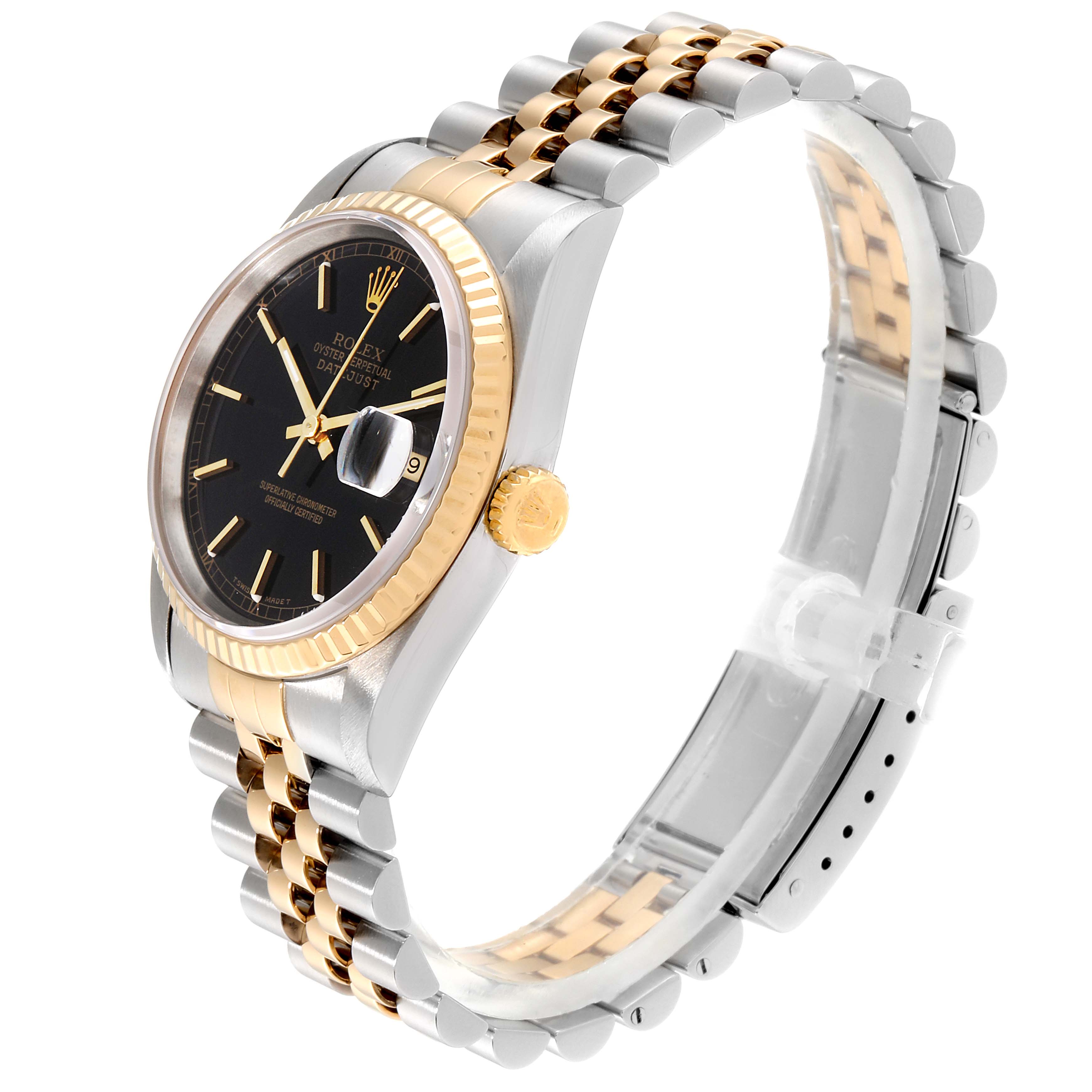 This Rolex Datejust 16233 Men's Steel and Gold (two tone) Black Dial 16233 Men's Steel and Gold (two tone) Black Dial watch is shown at a side-angle featuring the face, crown, bezel, and bracelet.