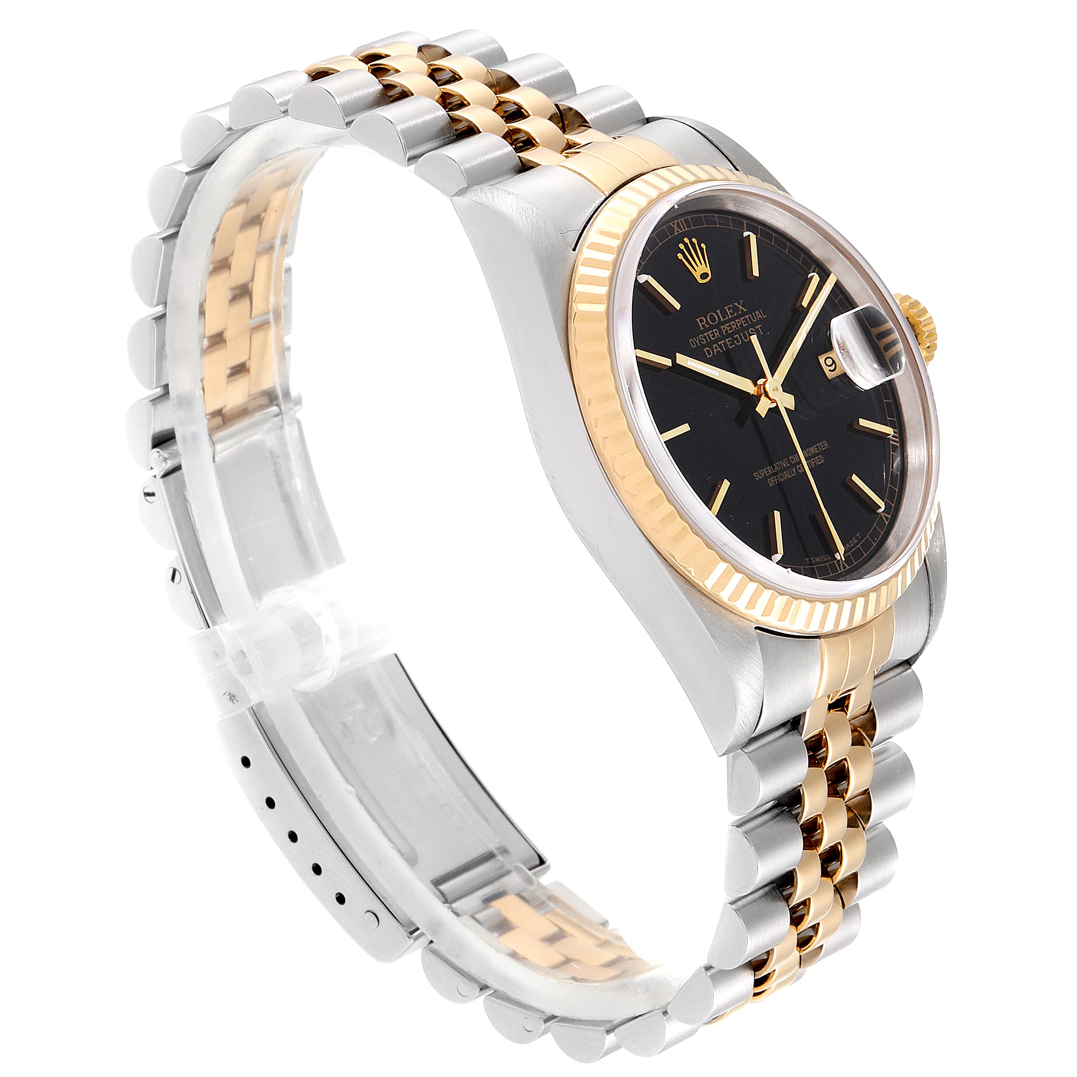 The Rolex Datejust 16233 Men's Steel and Gold (two tone) Black Dial 16233 Men's Steel and Gold (two tone) Black Dial watch is shown from an angled side view with its two-tone bracelet and black dial visible.