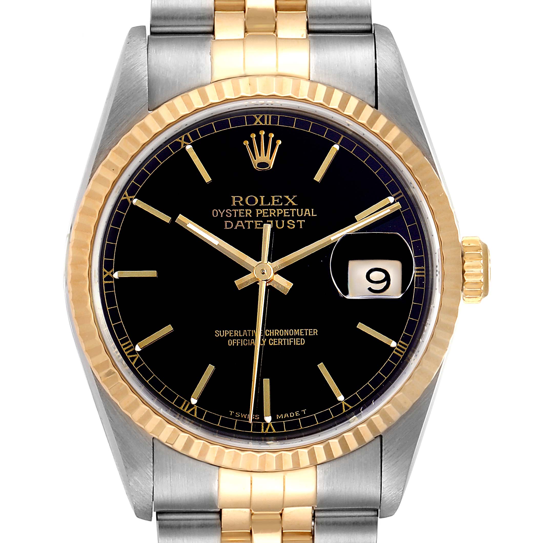 The image shows a front view of a Rolex Datejust 16233 Men's Steel and Gold (two tone) Black Dial 16233 Men's Steel and Gold (two tone) Black Dial watch with a black dial and a two-tone bracelet.