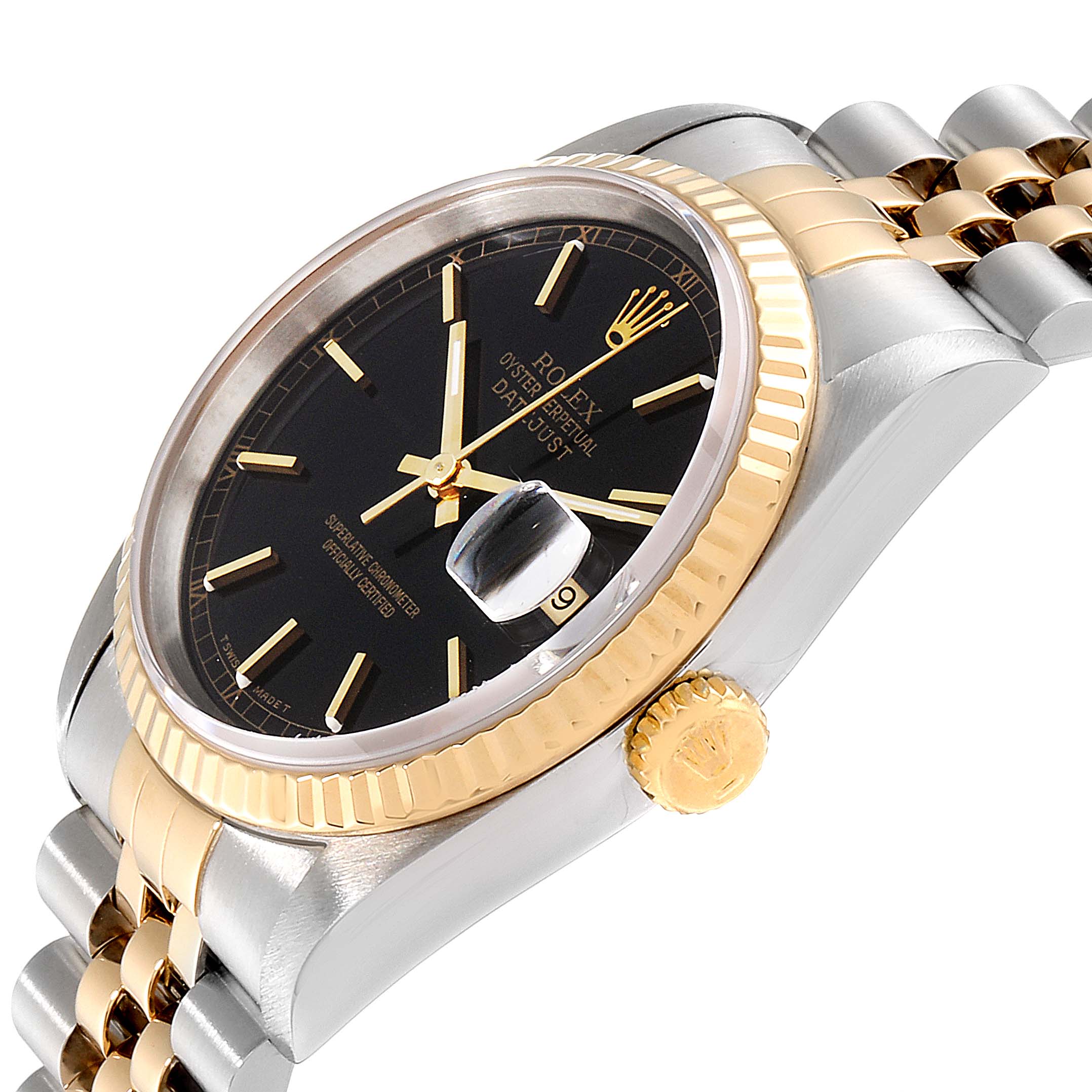 The Rolex Datejust 16233 Men's Steel and Gold (two tone) Black Dial 16233 Men's Steel and Gold (two tone) Black Dial watch is shown at an angle highlighting the dial, fluted bezel, crown, and part of the bracelet.