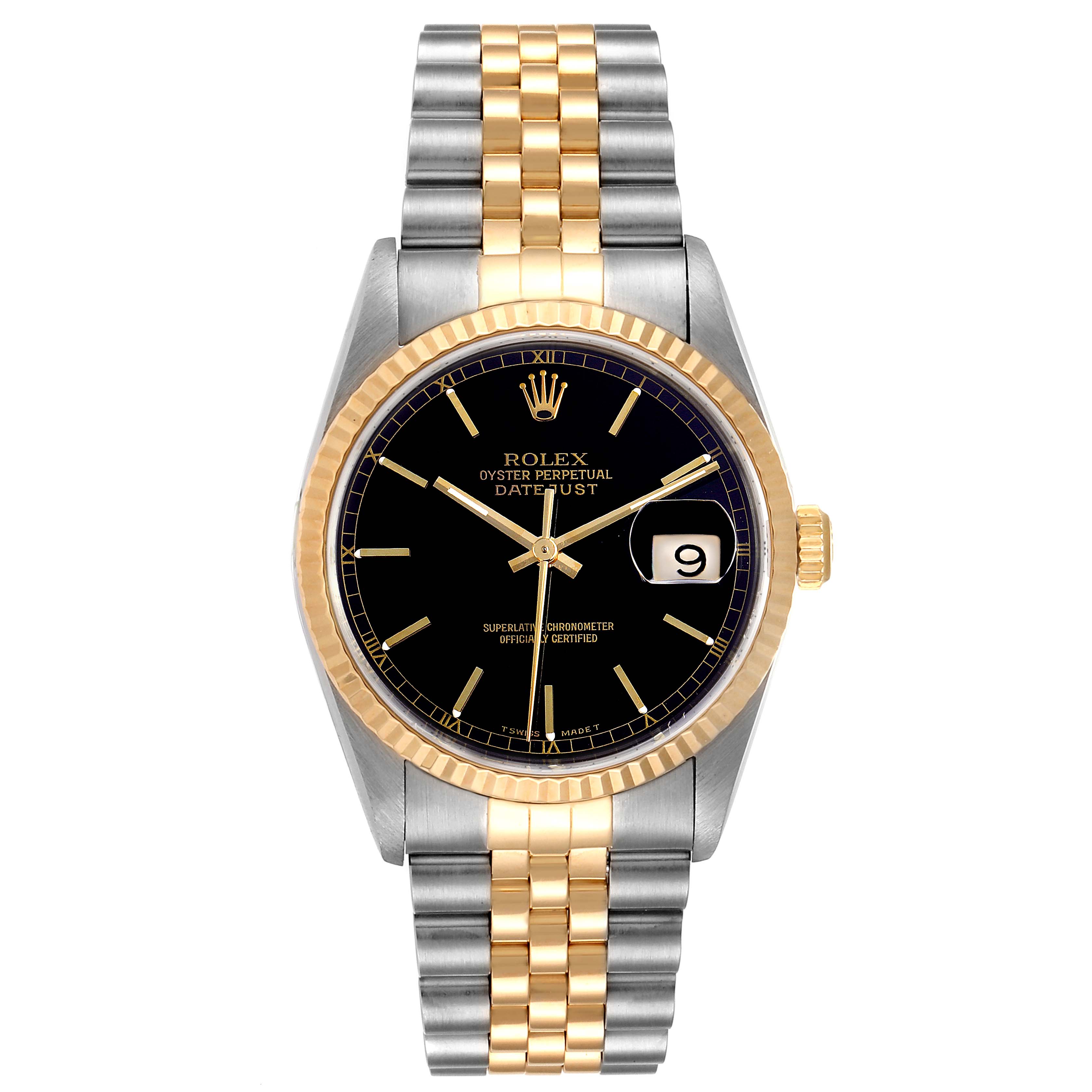 This Rolex Datejust 16233 Men's Steel and Gold (two tone) Black Dial 16233 Men's Steel and Gold (two tone) Black Dial watch is shown from a top-down angle, displaying its gold and silver band, black dial, and date window.
