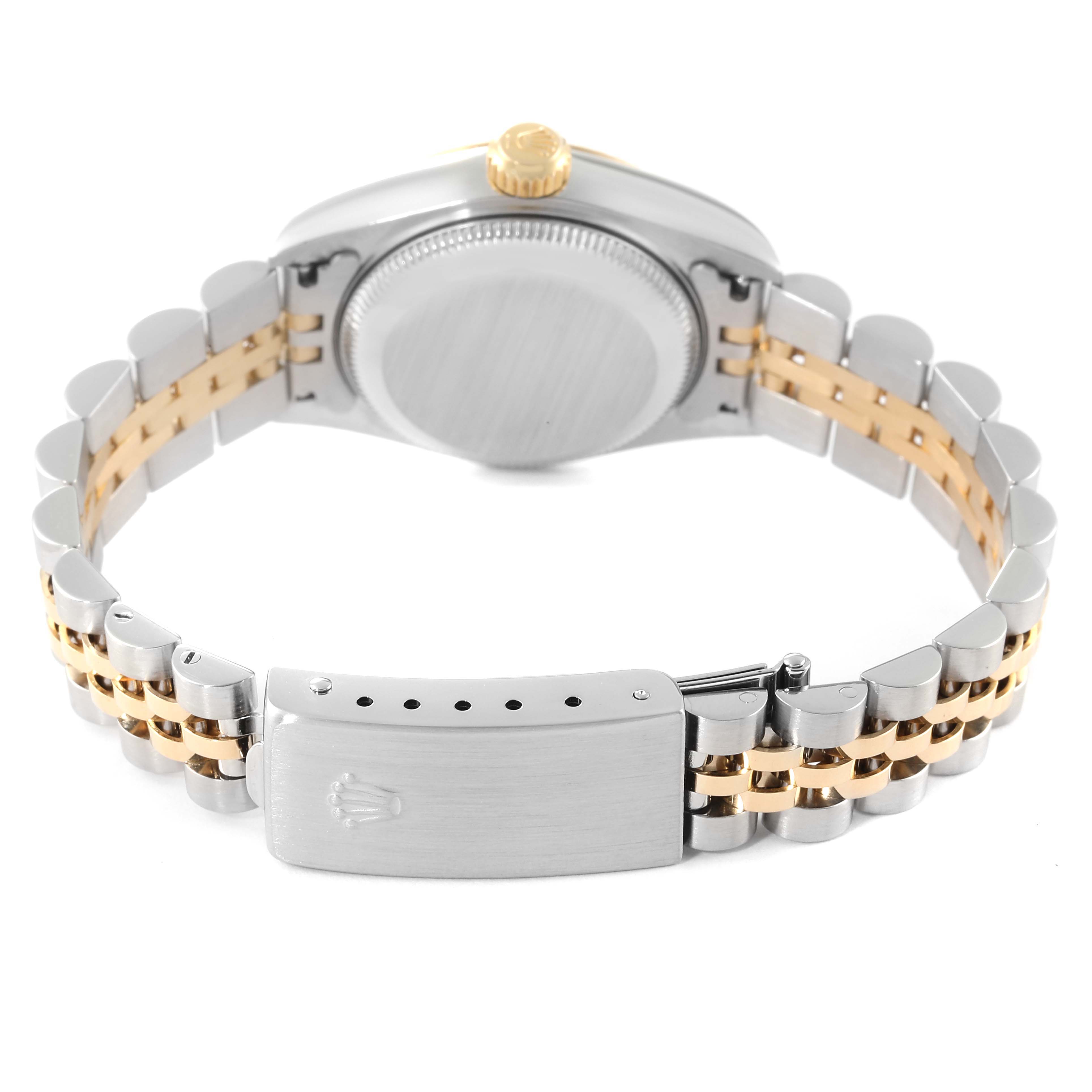 The image shows the back of a Rolex Datejust 79173 Women's Steel and Gold (two tone) Champagne Dial 79173 Women's Steel and Gold (two tone) Champagne Dial watch, highlighting the case, crown, and two-tone bracelet with clasp.
