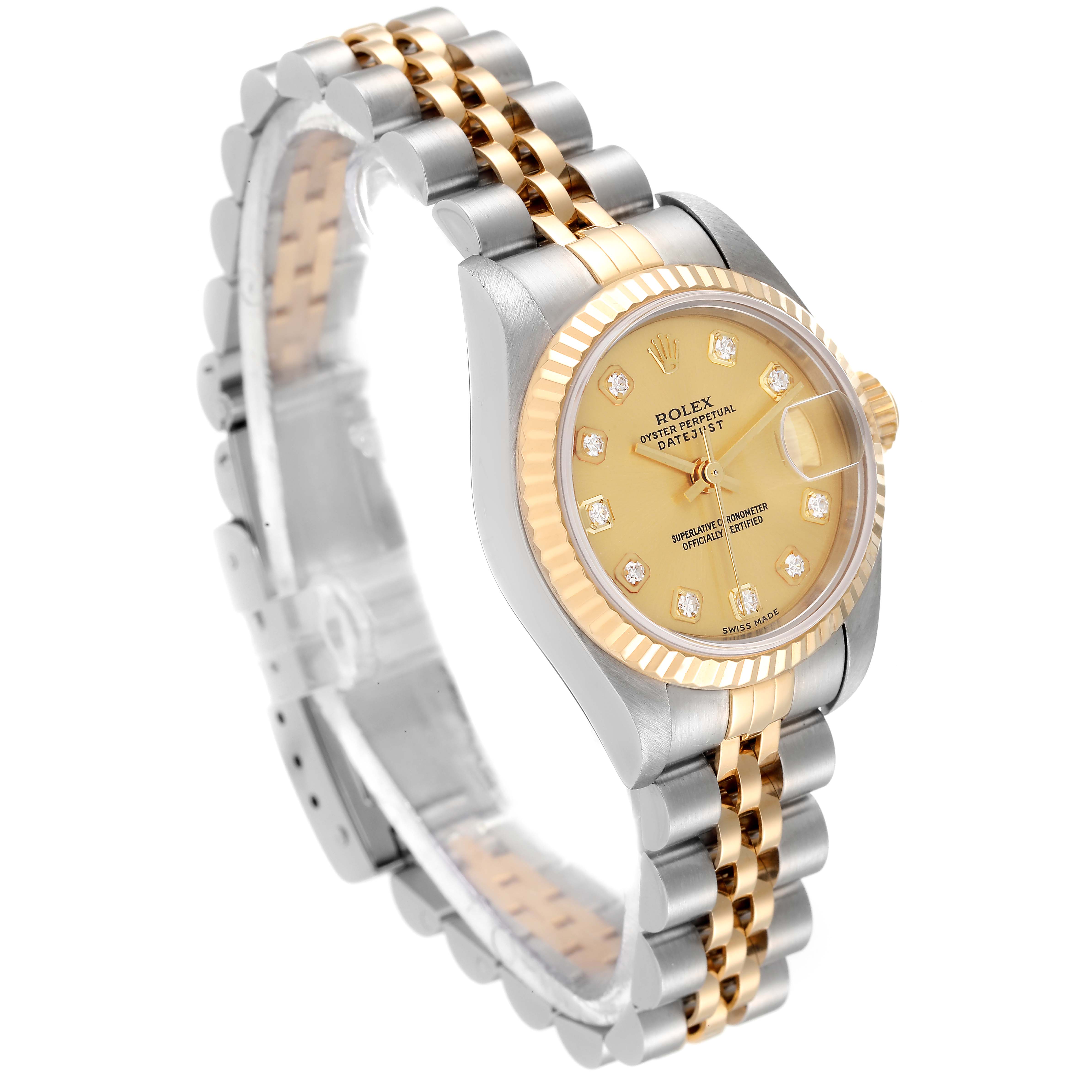 The image shows a Rolex Datejust 79173 Women's Steel and Gold (two tone) Champagne Dial 79173 Women's Steel and Gold (two tone) Champagne Dial watch from a left side angle, highlighting the gold and silver case, fluted bezel, and two-tone bracelet.