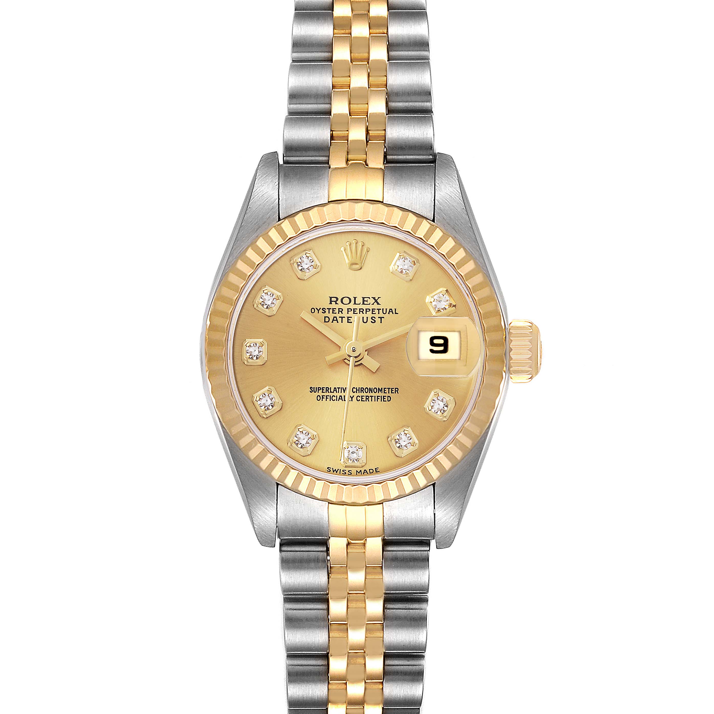 The Rolex Datejust 79173 Women's Steel and Gold (two tone) Champagne Dial 79173 Women's Steel and Gold (two tone) Champagne Dial watch is shown from a front angle, displaying the face, dial, bezel, and bracelet.