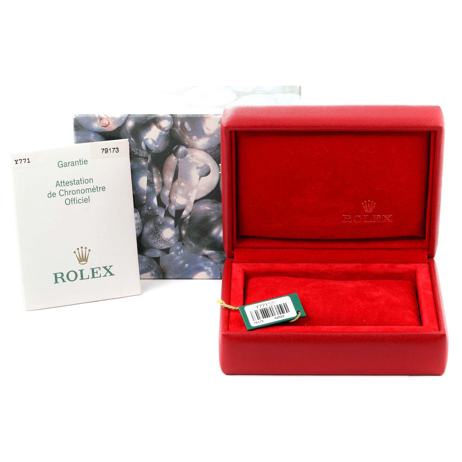 This image shows an open red box for a Rolex Datejust 79173 Women's Steel and Gold (two tone) Champagne Dial 79173 Women's Steel and Gold (two tone) Champagne Dial watch, accompanied by a guarantee document and a bag.