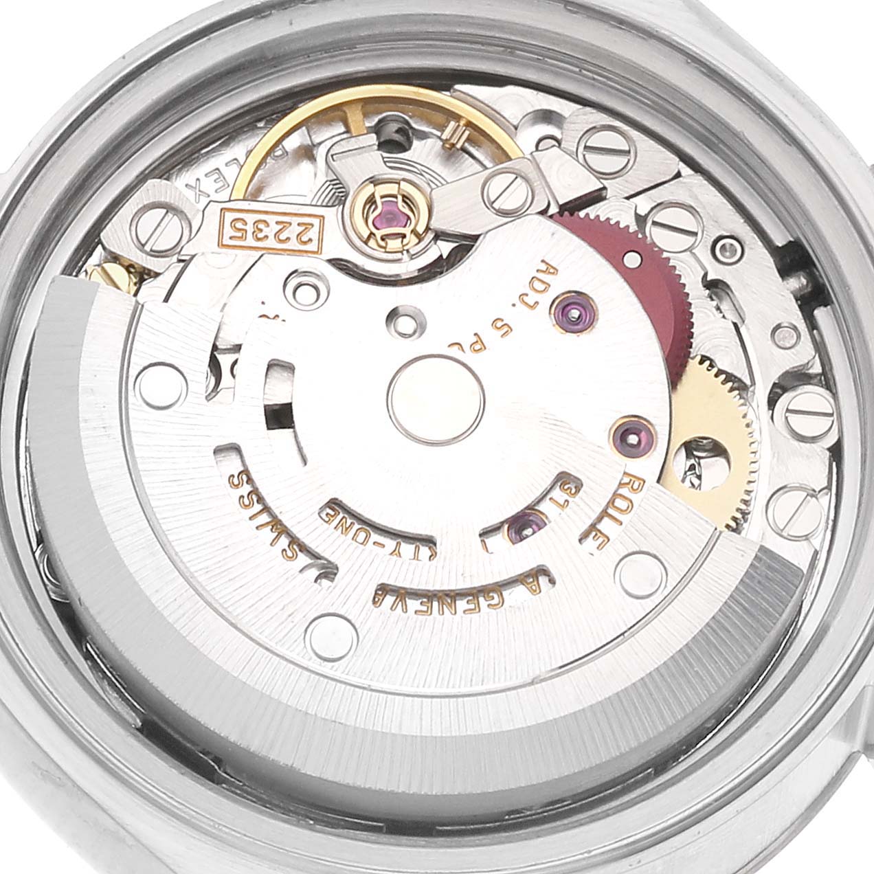 The image shows a close-up view of the movement mechanism inside a Rolex Datejust 79173 Women's Steel and Gold (two tone) Champagne Dial 79173 Women's Steel and Gold (two tone) Champagne Dial watch.