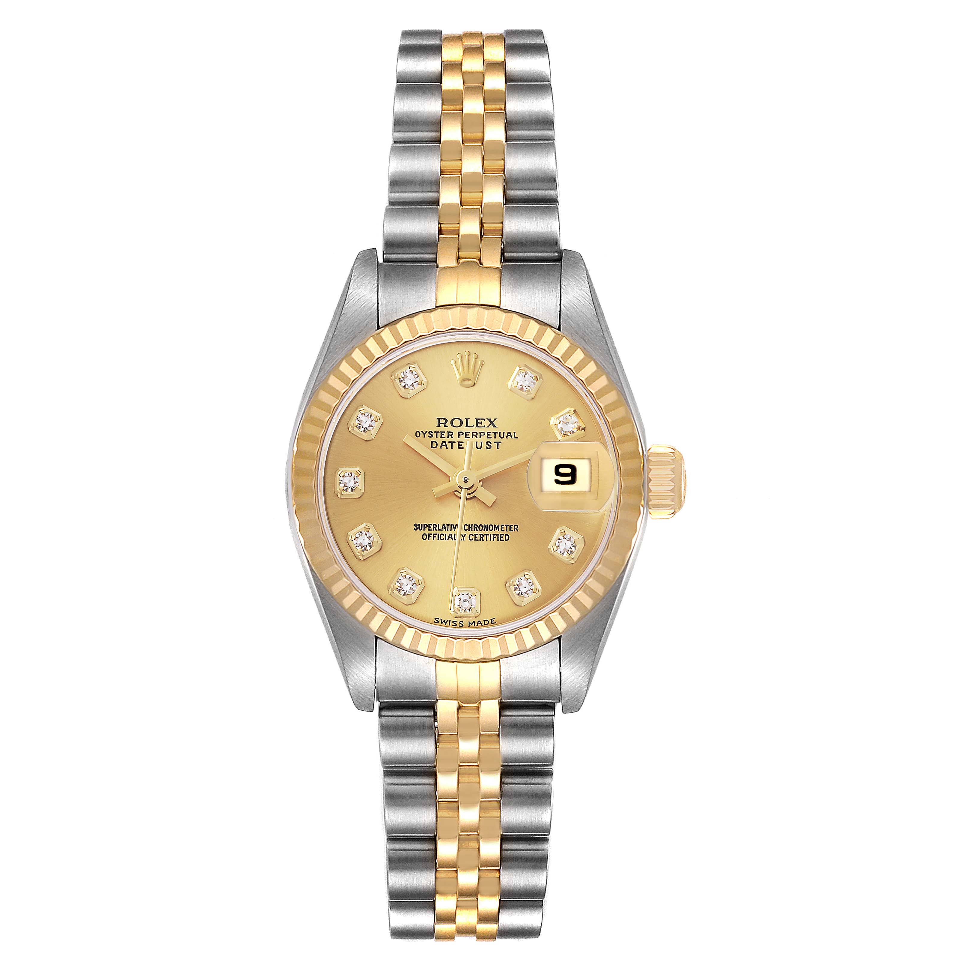 The image shows a front view of a Rolex Datejust 79173 Women's Steel and Gold (two tone) Champagne Dial 79173 Women's Steel and Gold (two tone) Champagne Dial watch, featuring a gold dial, a two-tone bracelet, and a date display.
