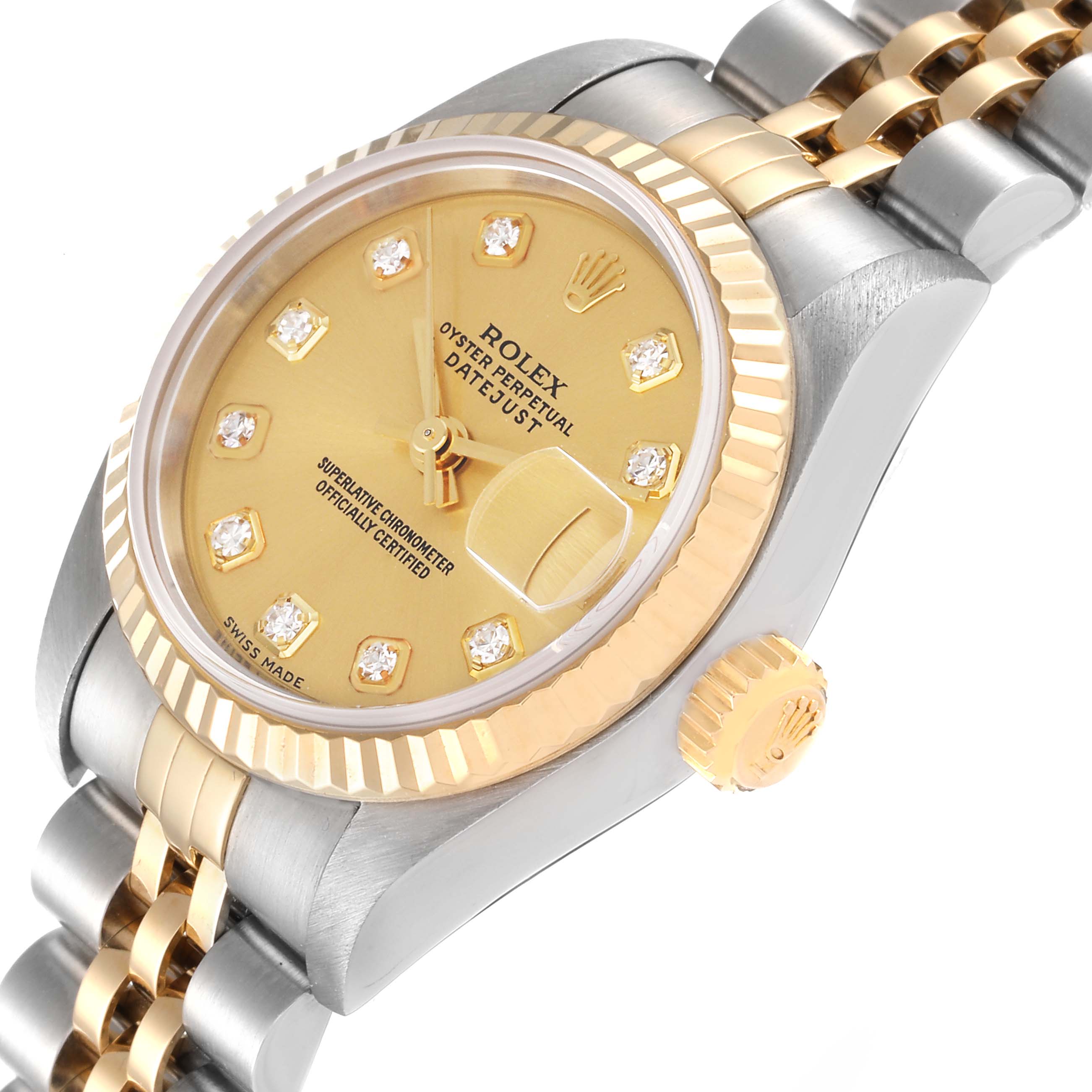 This image shows the face, bezel, crown, and bracelet of the Rolex Datejust 79173 Women's Steel and Gold (two tone) Champagne Dial 79173 Women's Steel and Gold (two tone) Champagne Dial watch from a tilted angle.