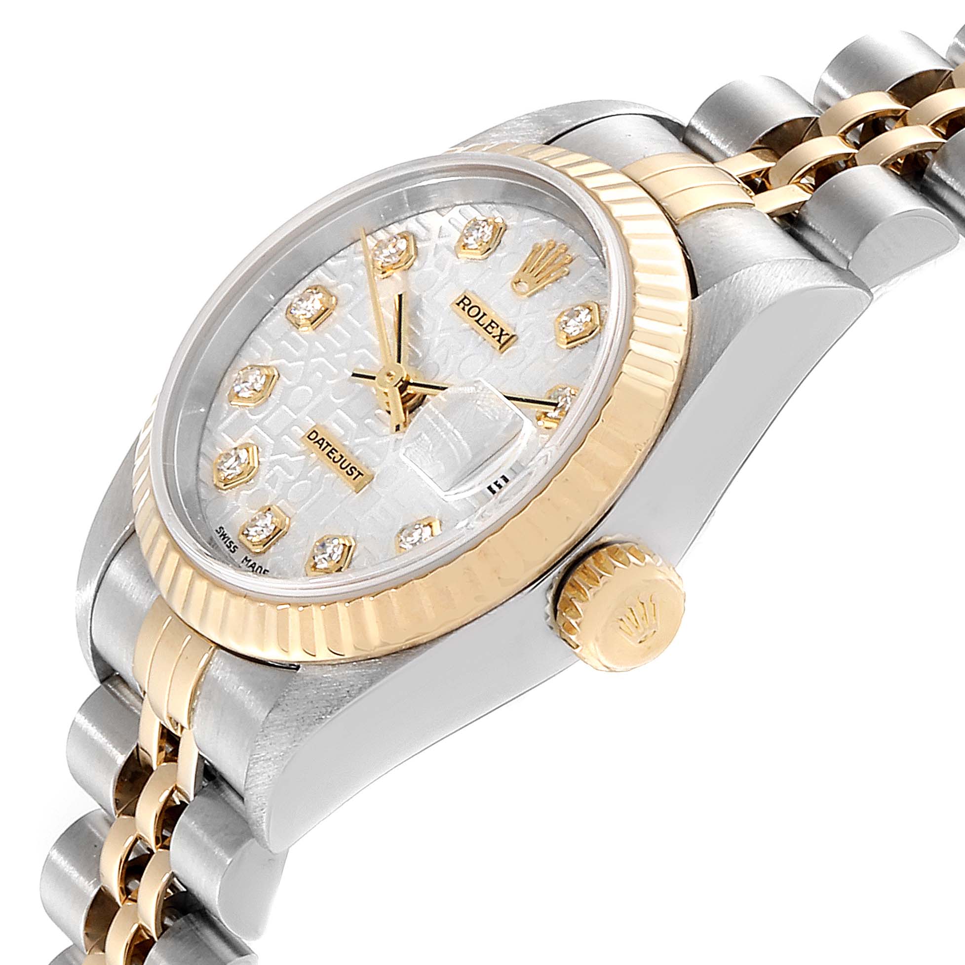 The image shows a side view of the Rolex Datejust 79173 Women's Stainless Steel Silver Dial 79173 Women's Stainless Steel Silver Dial watch, highlighting the crown, bezel, dial, and part of the bracelet.