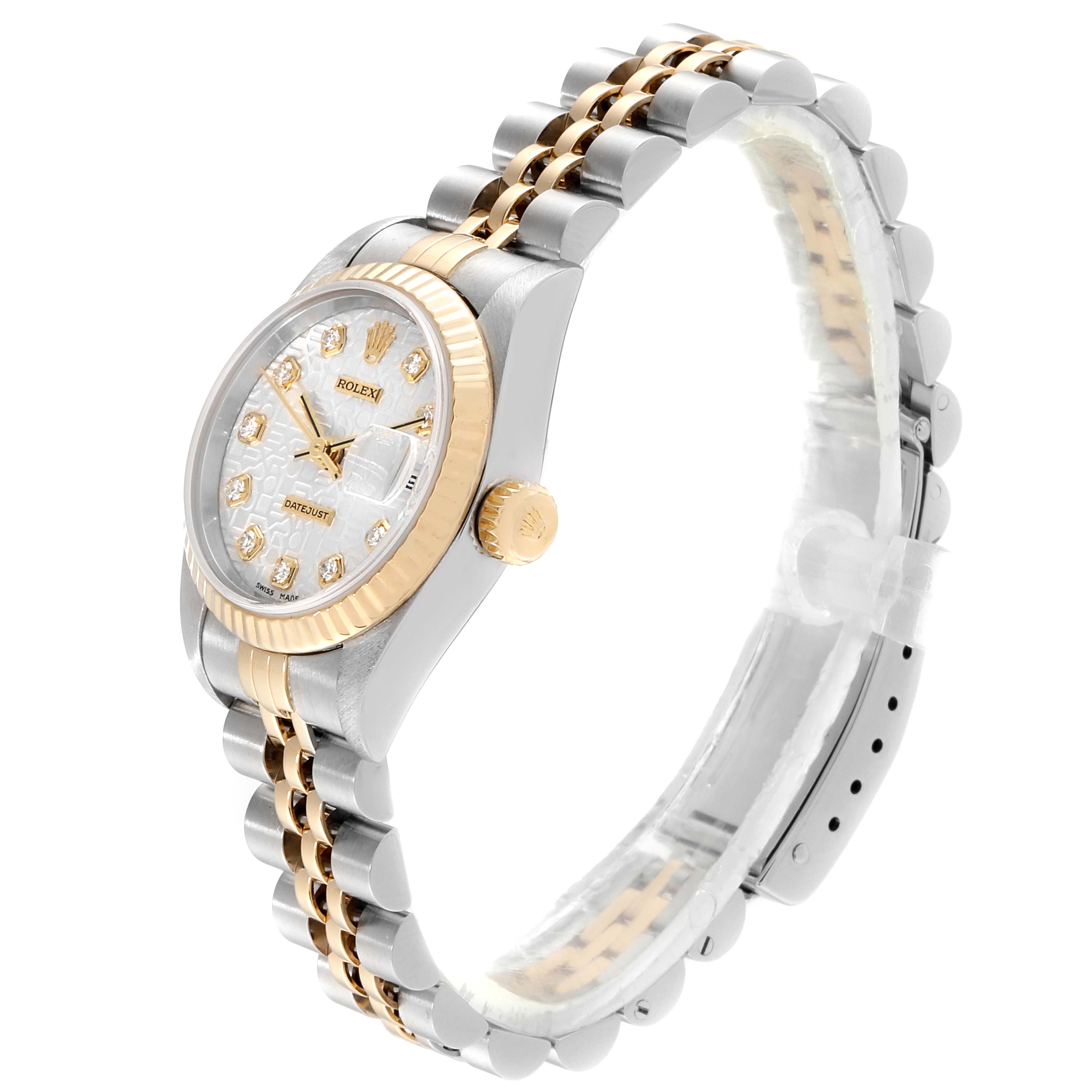 The image shows a side-angle view of a Rolex Datejust 79173 Women's Stainless Steel Silver Dial 79173 Women's Stainless Steel Silver Dial watch, showcasing the dial, bezel, crown, and bracelet.