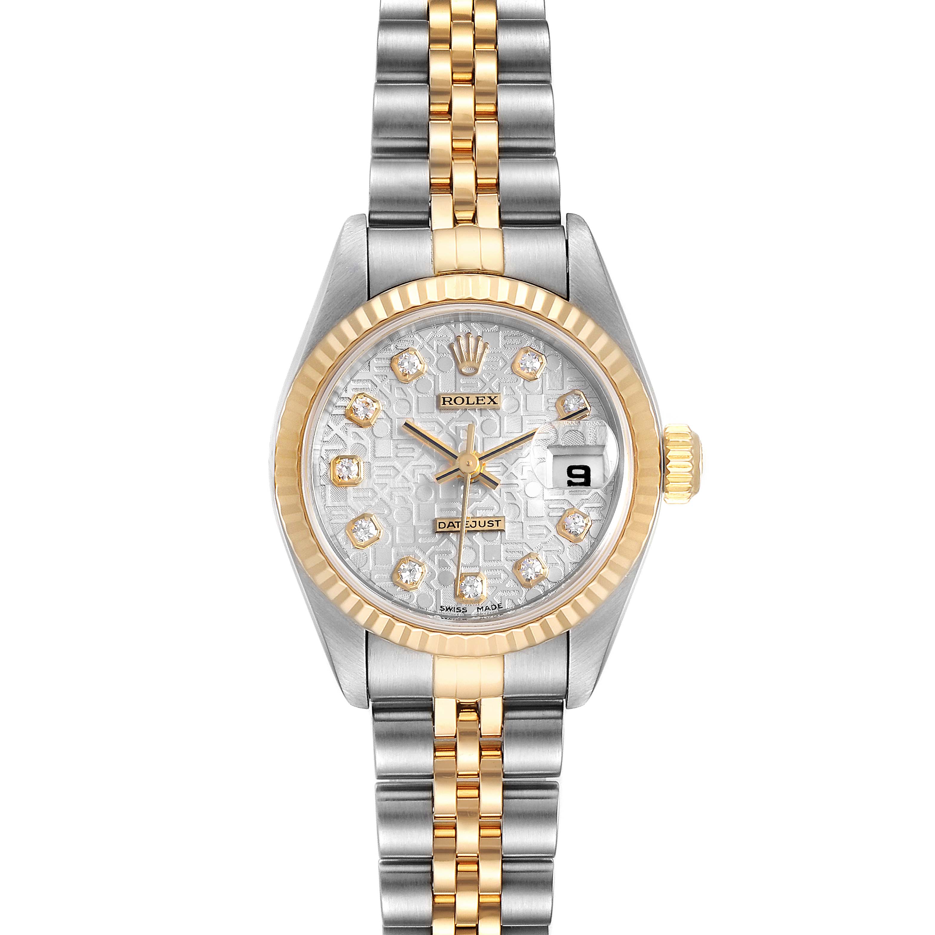 The image shows a frontal view of the Rolex Datejust 79173 Women's Stainless Steel Silver Dial 79173 Women's Stainless Steel Silver Dial watch, displaying the dial, bezel, crown, and jubilee bracelet.