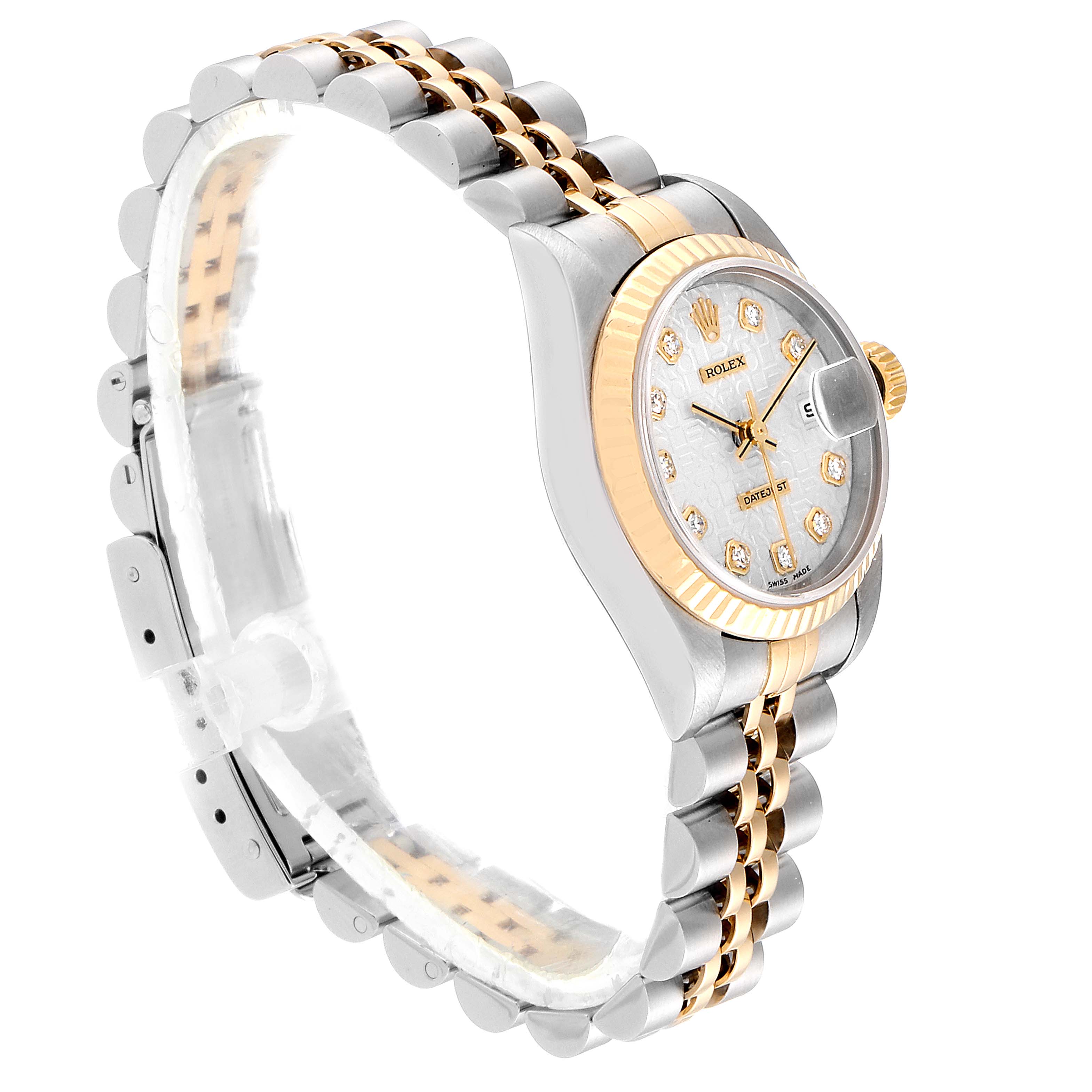 The Rolex Datejust 79173 Women's Stainless Steel Silver Dial 79173 Women's Stainless Steel Silver Dial watch is shown at an angled side view, displaying the face, case, and partial bracelet.