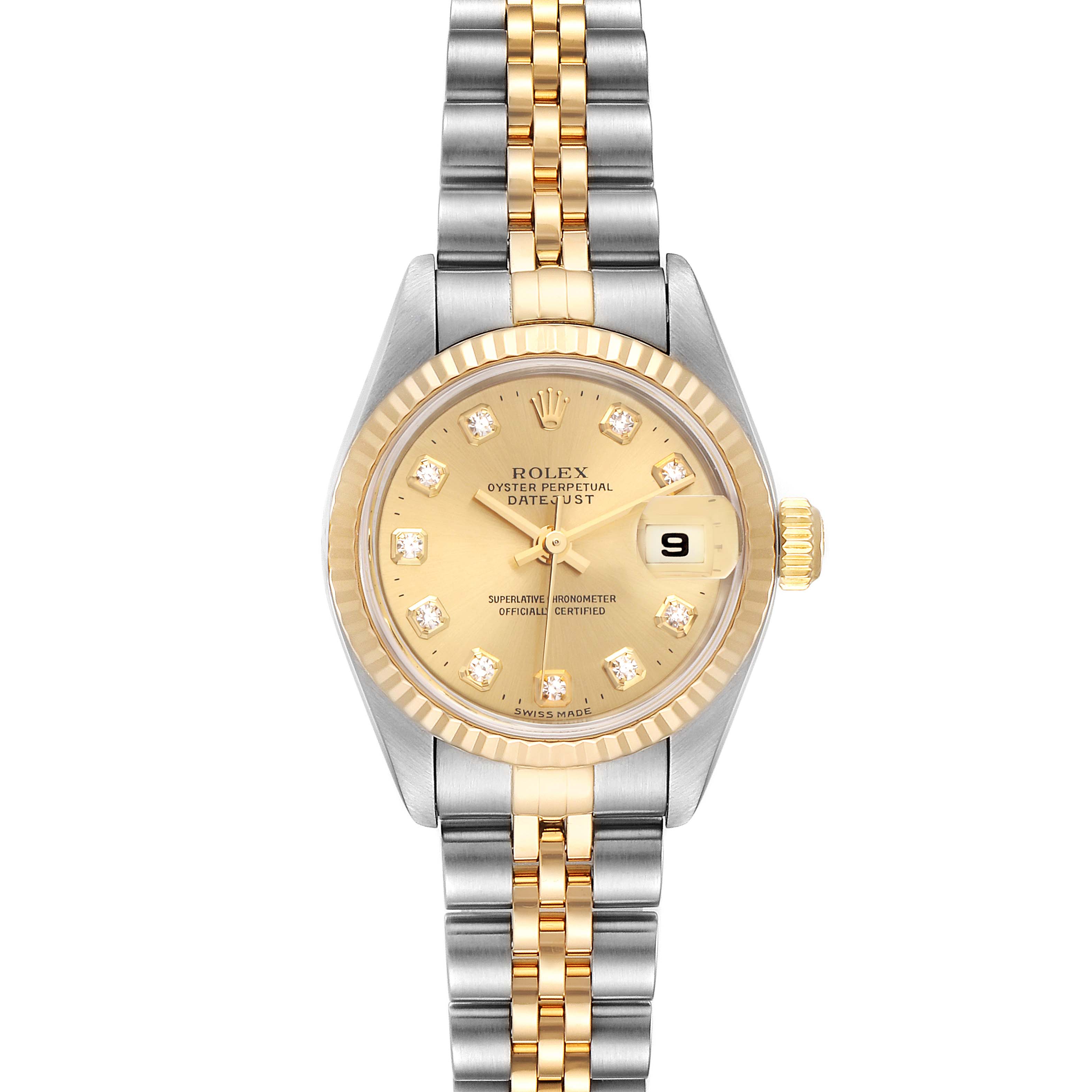 This image shows a Rolex Datejust 79173 Women's Stainless Steel Champagne Dial 79173 Women's Stainless Steel Champagne Dial watch with a gold and silver Jubilee bracelet and diamond hour markers, viewed from the front.