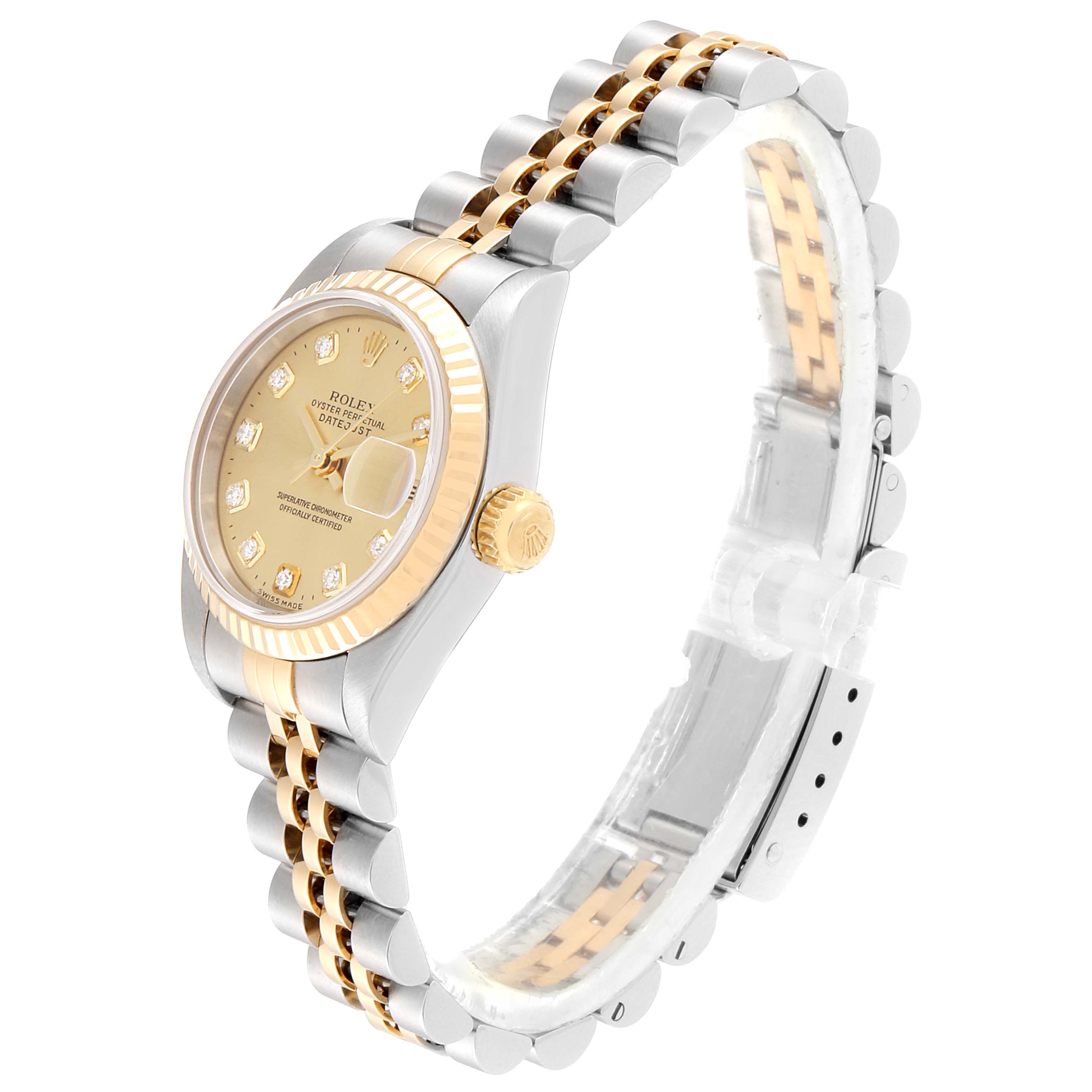 The image shows a Rolex Datejust 79173 Women's Stainless Steel Champagne Dial 79173 Women's Stainless Steel Champagne Dial watch from an oblique angle, highlighting its two-tone bracelet, dial, and crown.