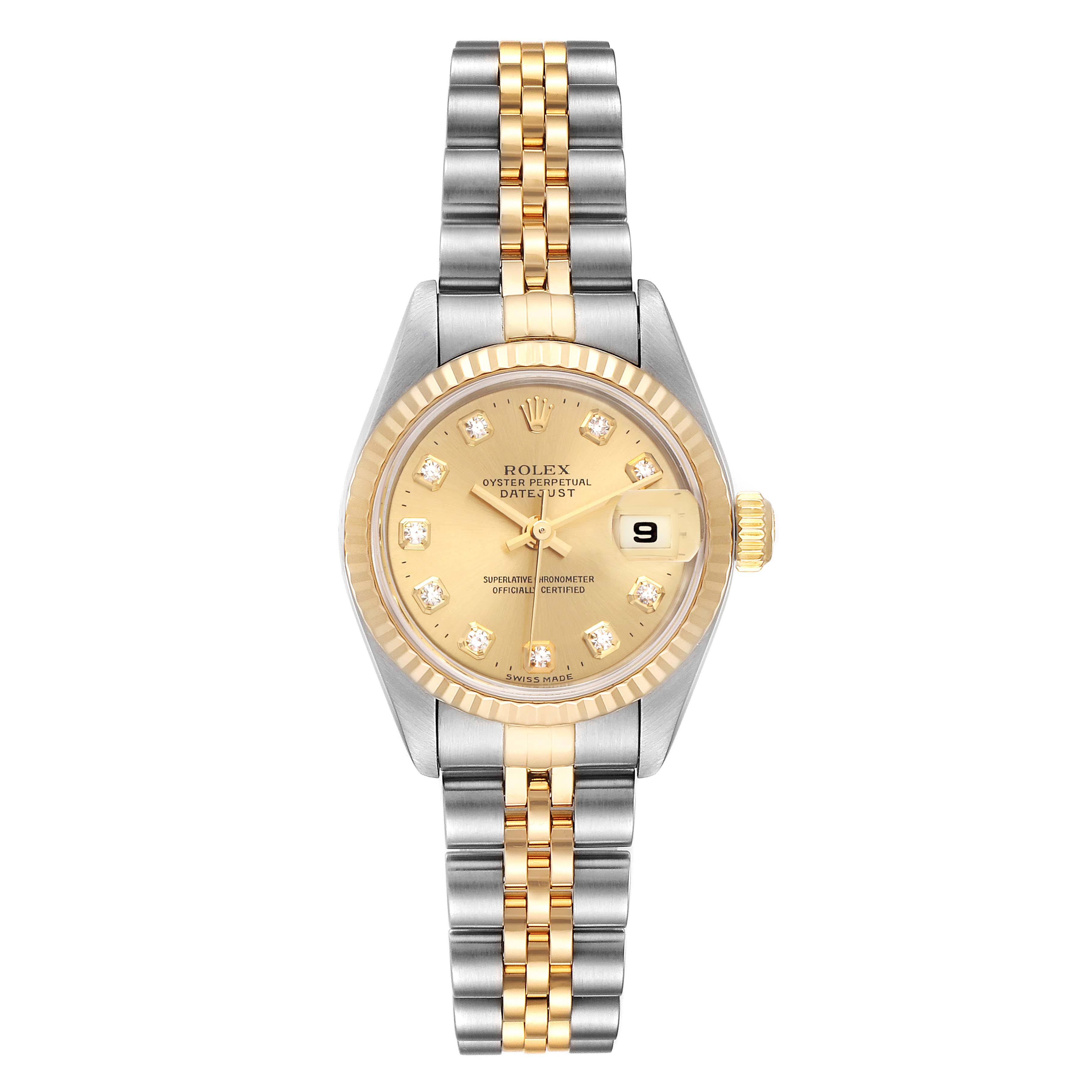 The Rolex Datejust 79173 Women's Stainless Steel Champagne Dial 79173 Women's Stainless Steel Champagne Dial watch is shown from the front, displaying its face, bezel, crown, and two-tone bracelet.