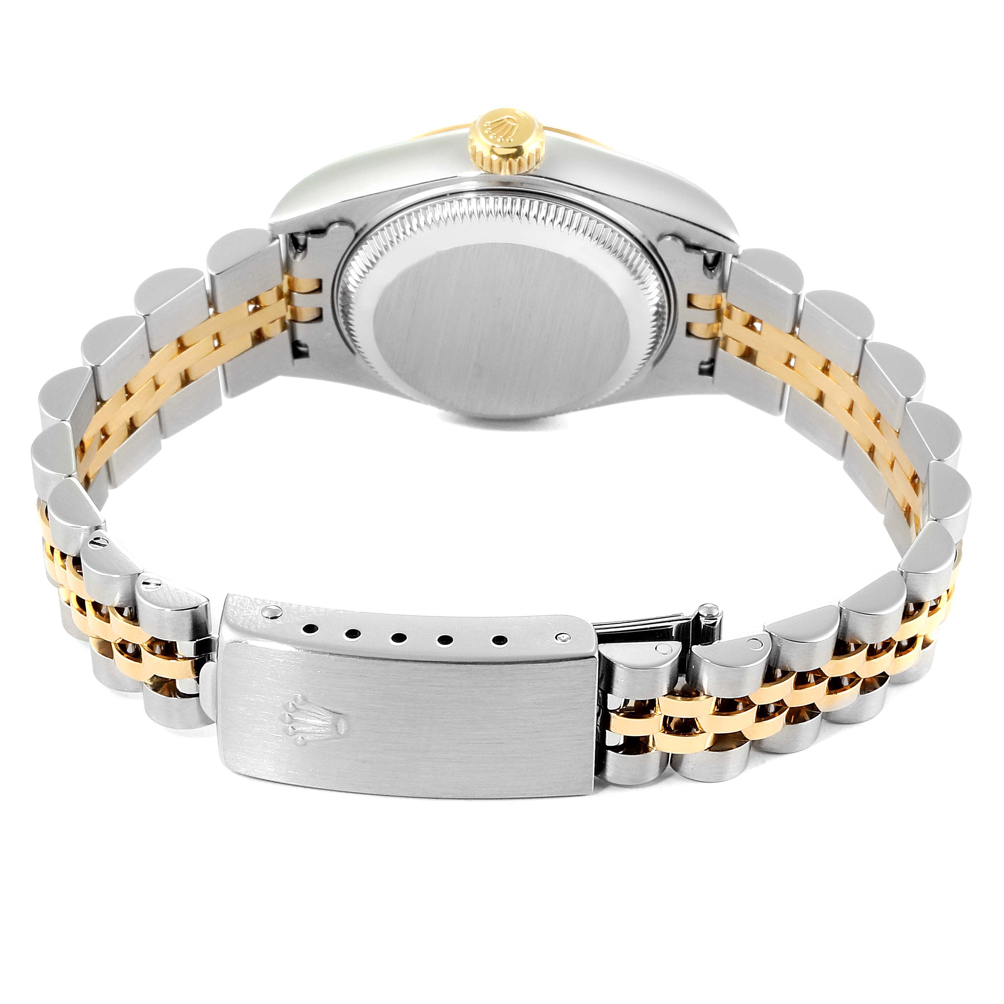 This image shows the back view of a Rolex Datejust 79173 Women's Stainless Steel Champagne Dial 79173 Women's Stainless Steel Champagne Dial watch, highlighting the case back, crown, and Jubilee bracelet with a clasp.