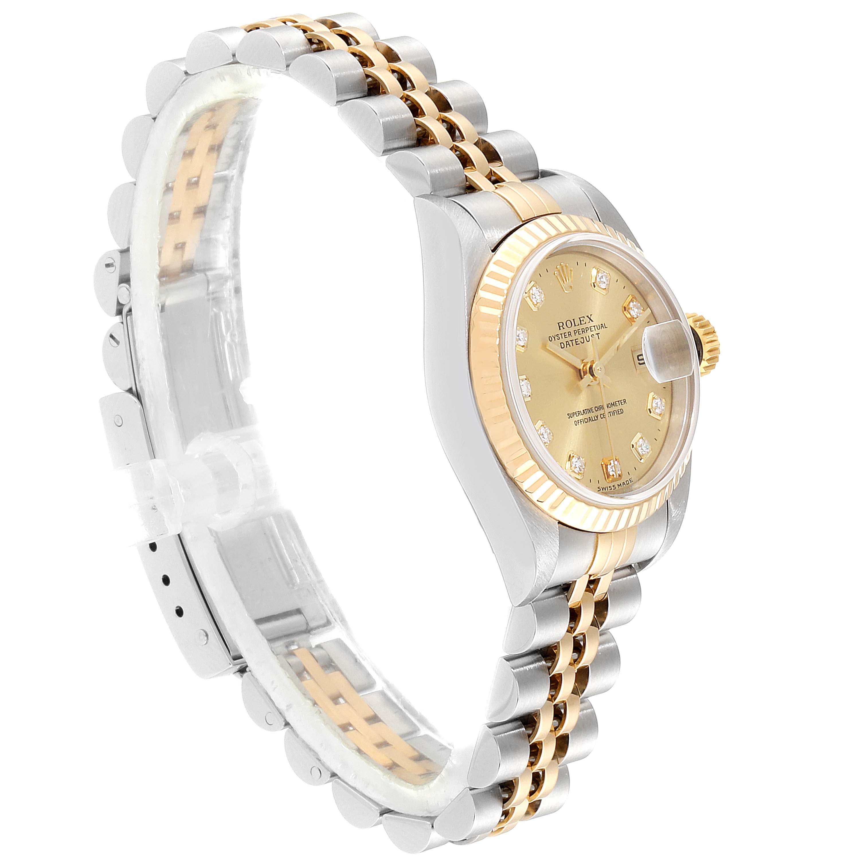 The Rolex Datejust 79173 Women's Stainless Steel Champagne Dial 79173 Women's Stainless Steel Champagne Dial watch is shown at a side angle, highlighting its dial, bezel, and two-tone bracelet.