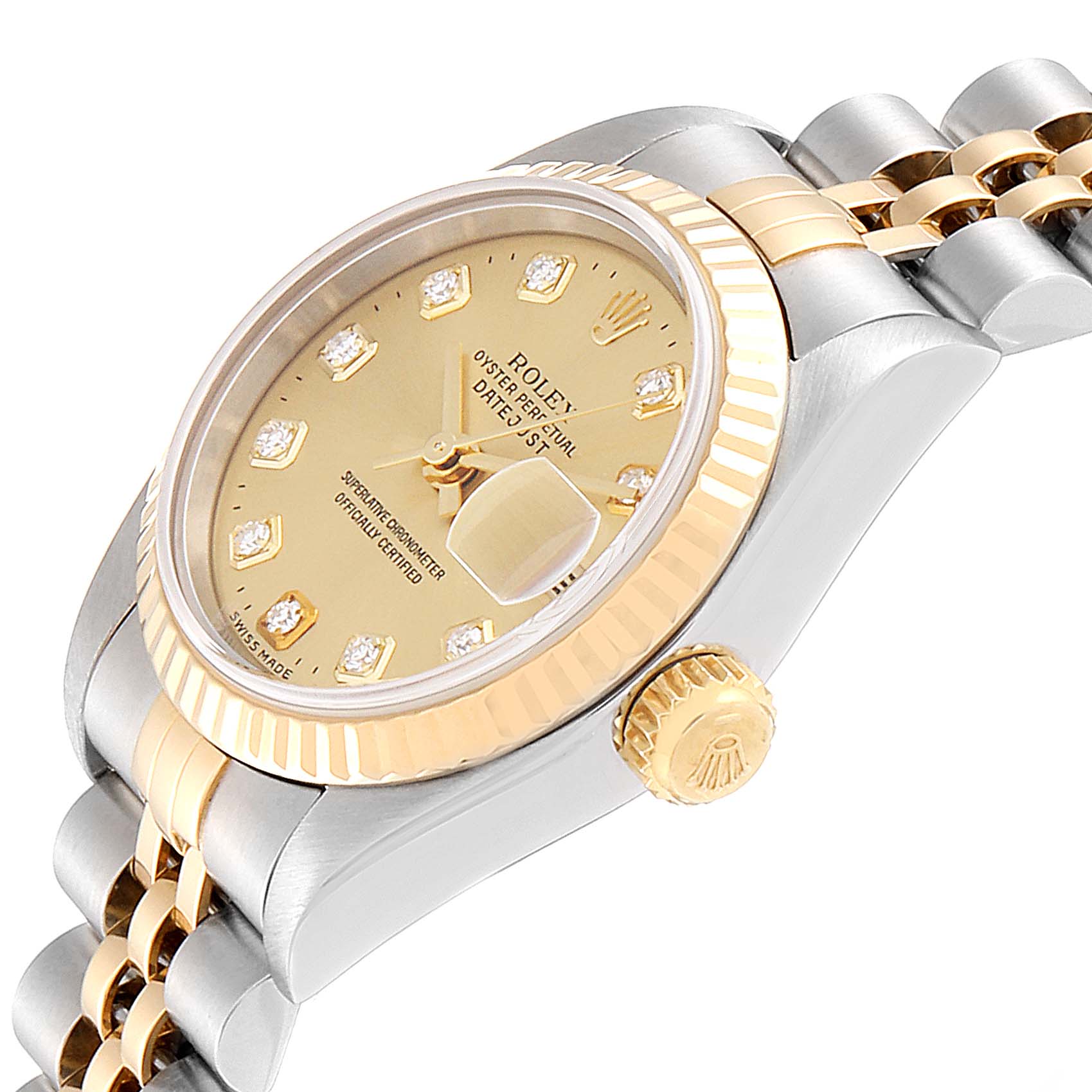 The image shows a side angle of a Rolex Datejust 79173 Women's Stainless Steel Champagne Dial 79173 Women's Stainless Steel Champagne Dial watch featuring its crown, dial, bezel, and part of the bracelet.