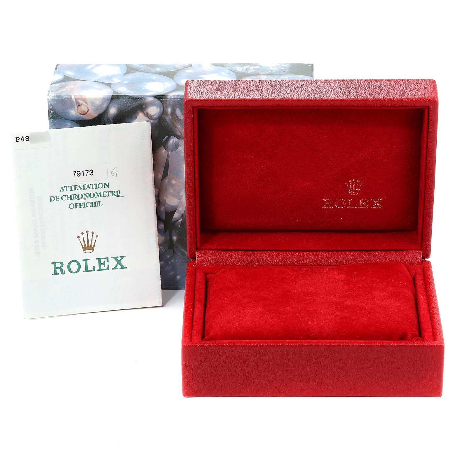 The image shows a red Rolex Datejust 79173 Women's Stainless Steel Champagne Dial 79173 Women's Stainless Steel Champagne Dial watch box with a booklet and an outer decorative cover.