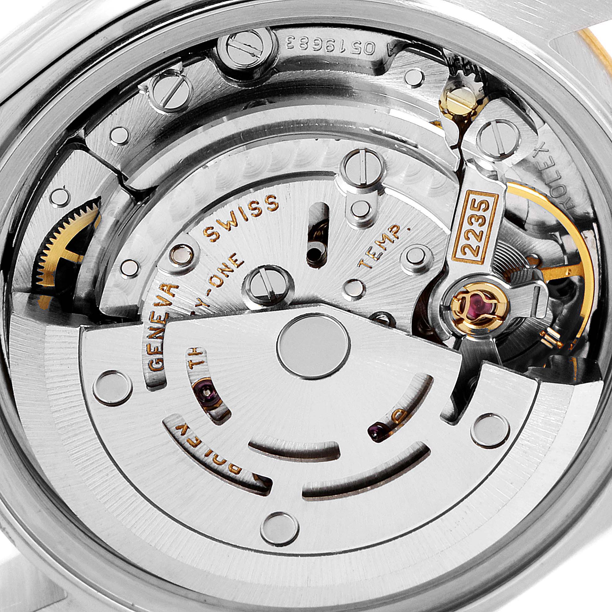 This image shows the movement mechanism of a Rolex Datejust 79173 Women's Stainless Steel Champagne Dial 79173 Women's Stainless Steel Champagne Dial watch from a close-up, rear angle.