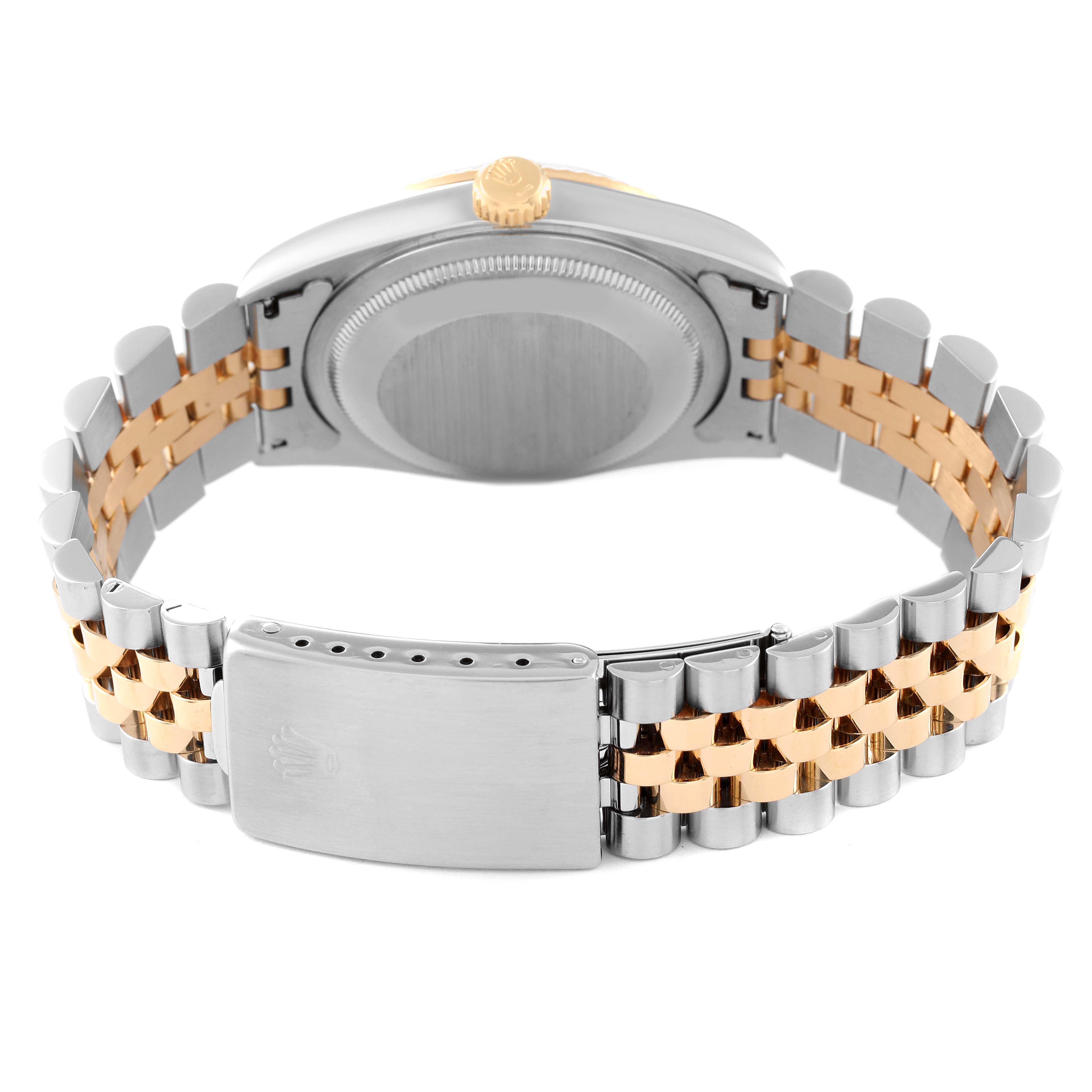 This image shows the Rolex Datejust 16233 Men's Steel and Gold (two tone) White Dial 16233 Men's Steel and Gold (two tone) White Dial watch viewed from the back, highlighting its two-tone bracelet and closed clasp.