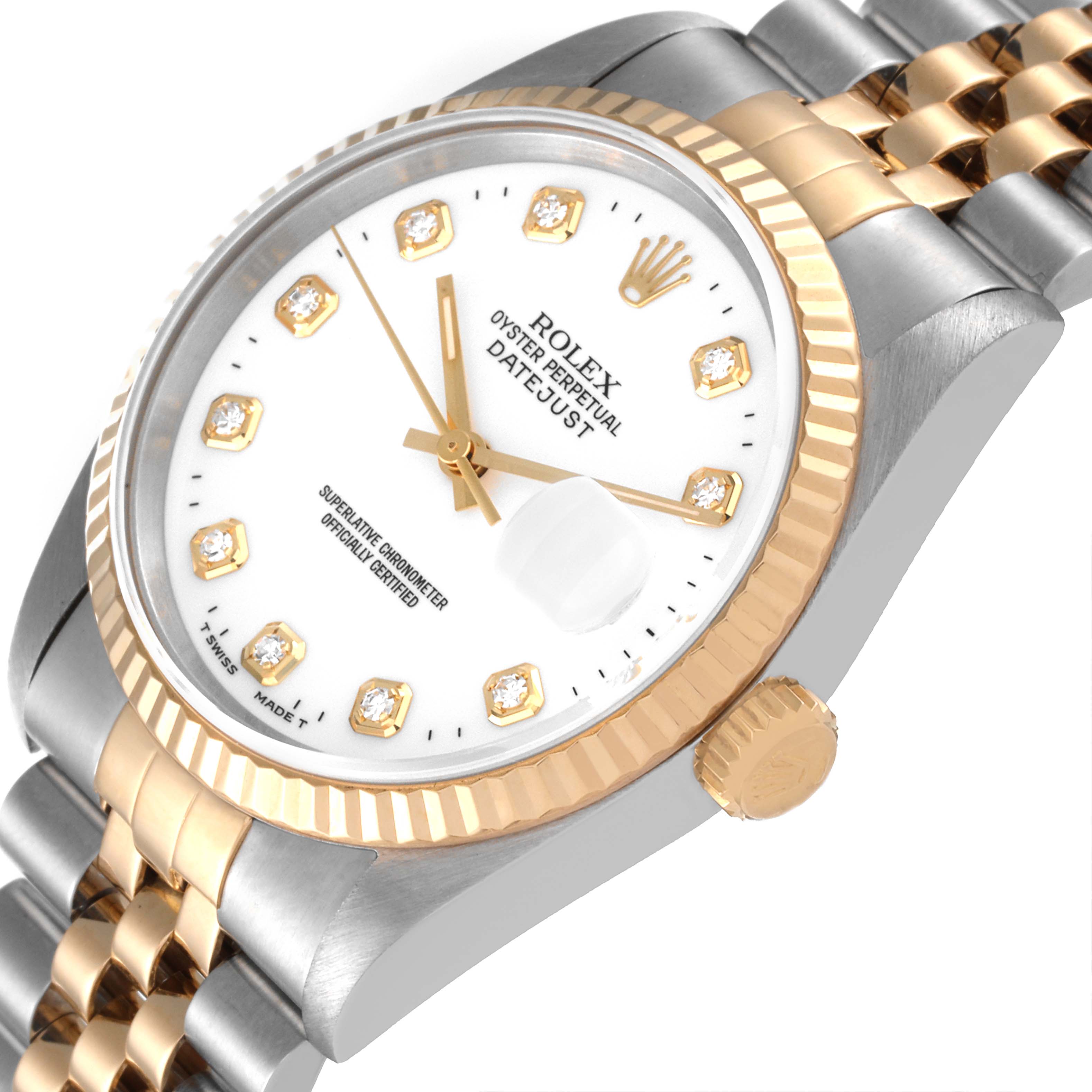 The image shows a Rolex Datejust 16233 Men's Steel and Gold (two tone) White Dial 16233 Men's Steel and Gold (two tone) White Dial watch at an angled close-up, highlighting the face, crown, bezel, and part of the bracelet.