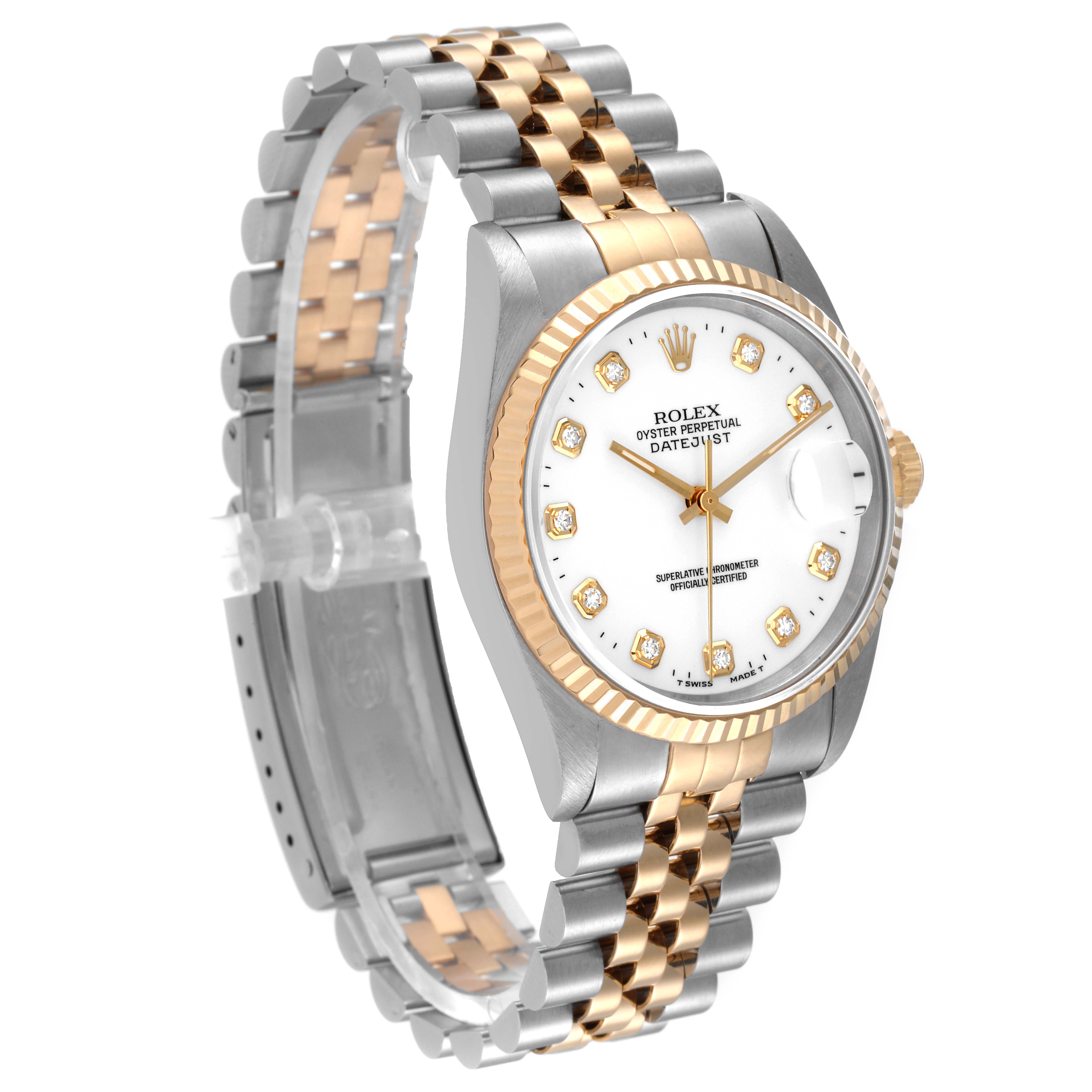 The Rolex Datejust 16233 Men's Steel and Gold (two tone) White Dial 16233 Men's Steel and Gold (two tone) White Dial watch is shown at an angled side view, displaying its face, bezel, and two-tone bracelet.