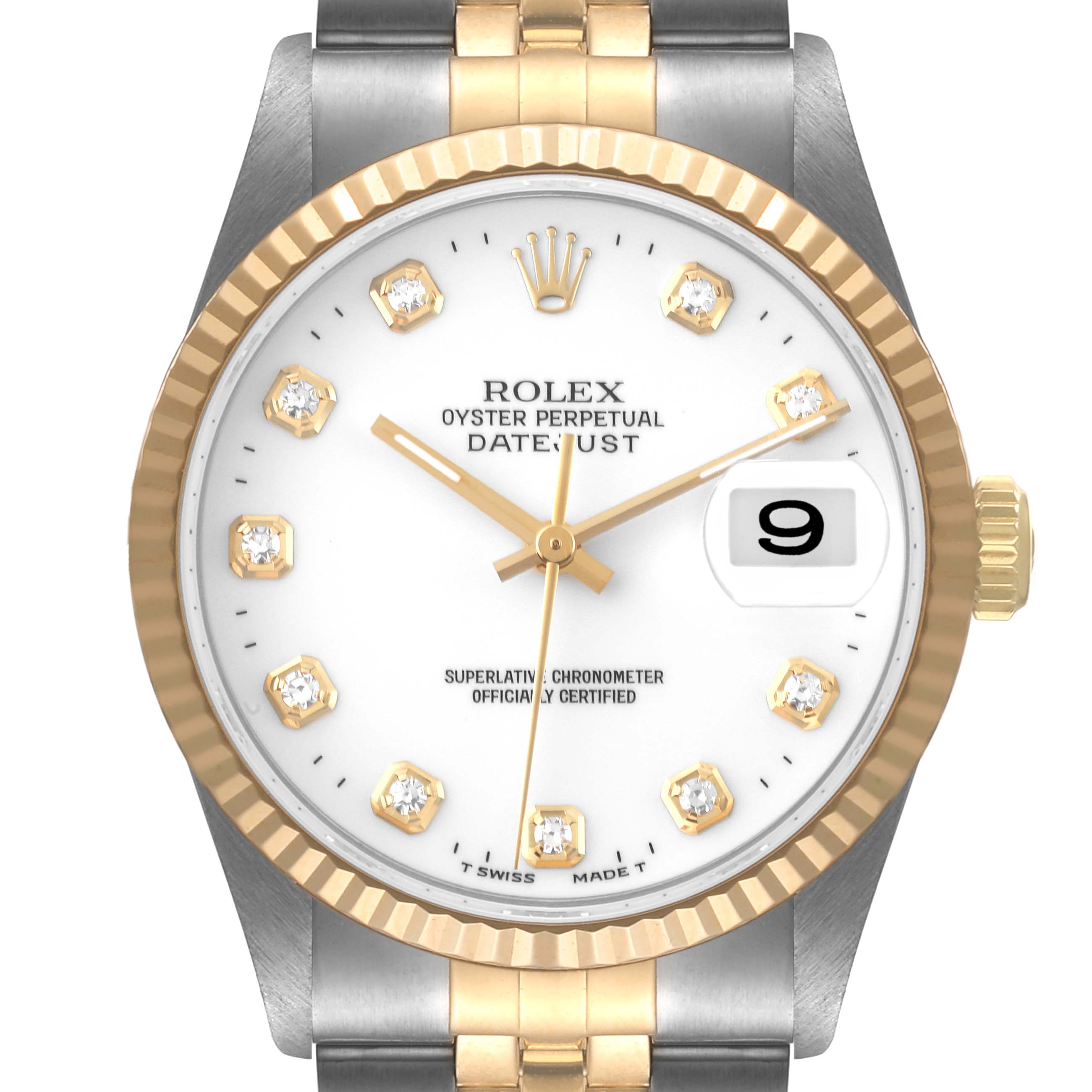 The image shows a front view of a Rolex Datejust 16233 Men's Steel and Gold (two tone) White Dial 16233 Men's Steel and Gold (two tone) White Dial watch, showcasing the dial, crown, and bracelet.