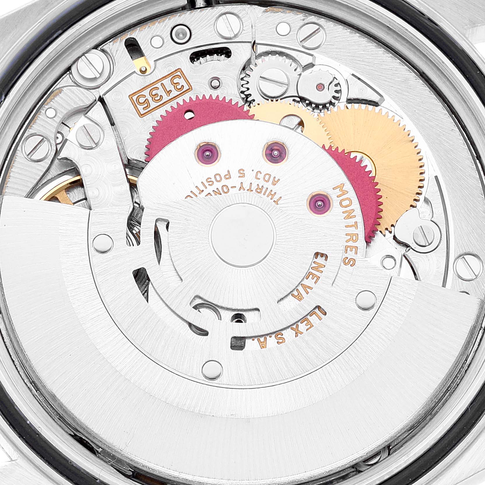 This image shows the internal mechanism and intricate gears of a Rolex Datejust 16233 Men's Steel and Gold (two tone) White Dial 16233 Men's Steel and Gold (two tone) White Dial watch from a top-down angle.