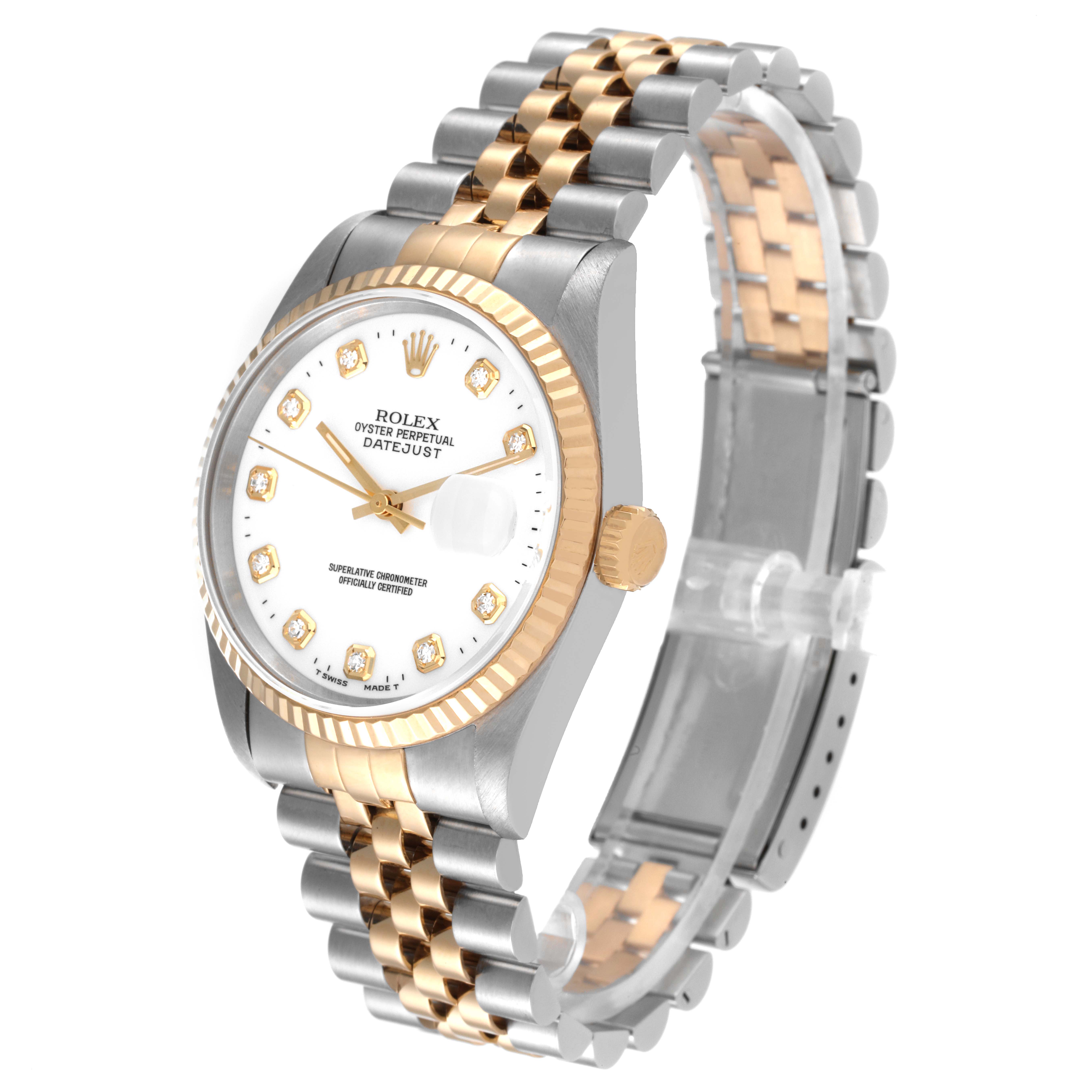 The Rolex Datejust 16233 Men's Steel and Gold (two tone) White Dial 16233 Men's Steel and Gold (two tone) White Dial watch is shown at a three-quarter angle, displaying its two-tone bracelet, white dial, fluted bezel, and diamond hour markers.