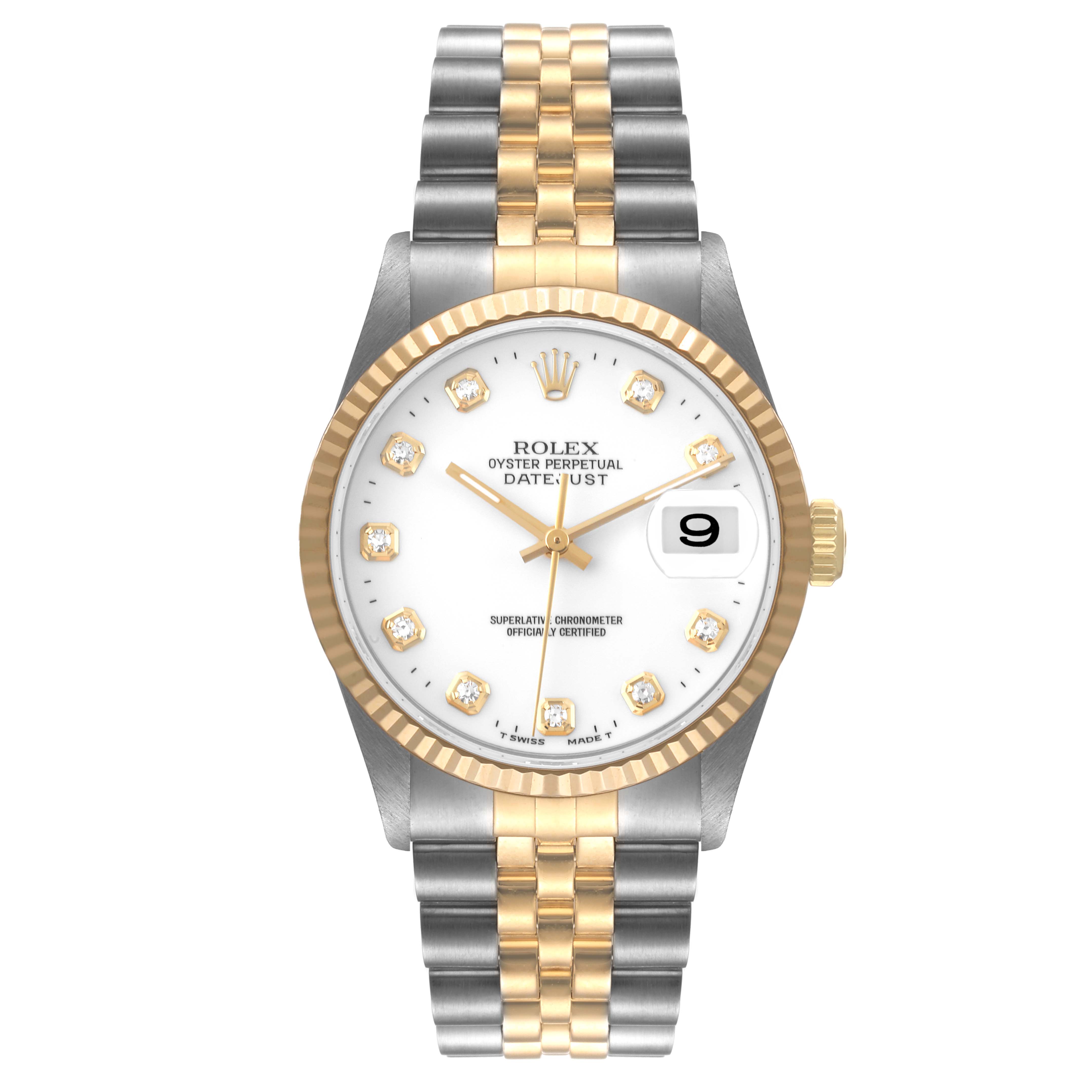 This image shows a frontal view of a Rolex Datejust 16233 Men's Steel and Gold (two tone) White Dial 16233 Men's Steel and Gold (two tone) White Dial watch, highlighting its white dial, date window, and two-tone bracelet.
