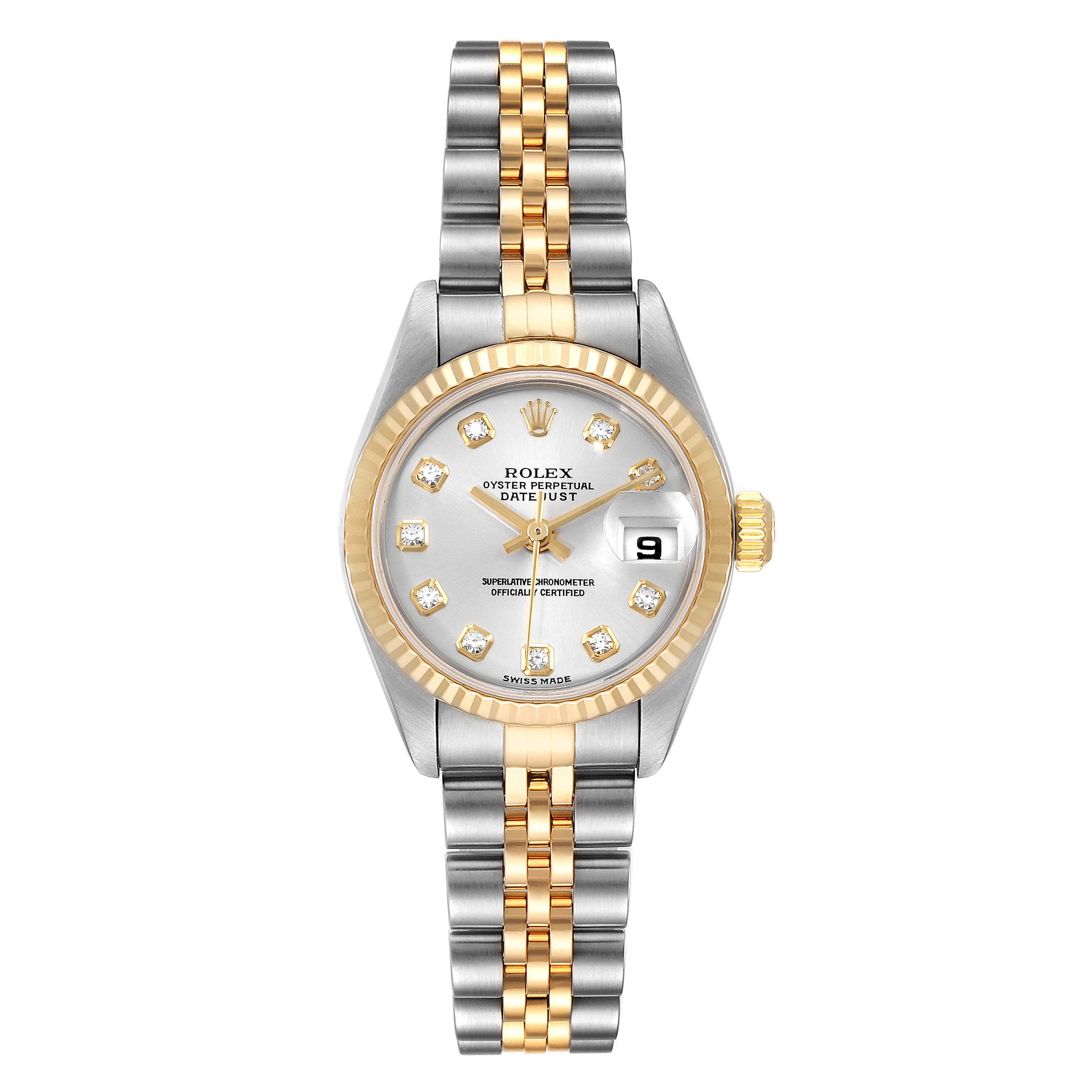 The image shows a front angle of a Rolex Datejust 79173 Women's Stainless Steel Silver Dial 79173 Women's Stainless Steel Silver Dial watch displaying the dial, bezel, and bracelet.