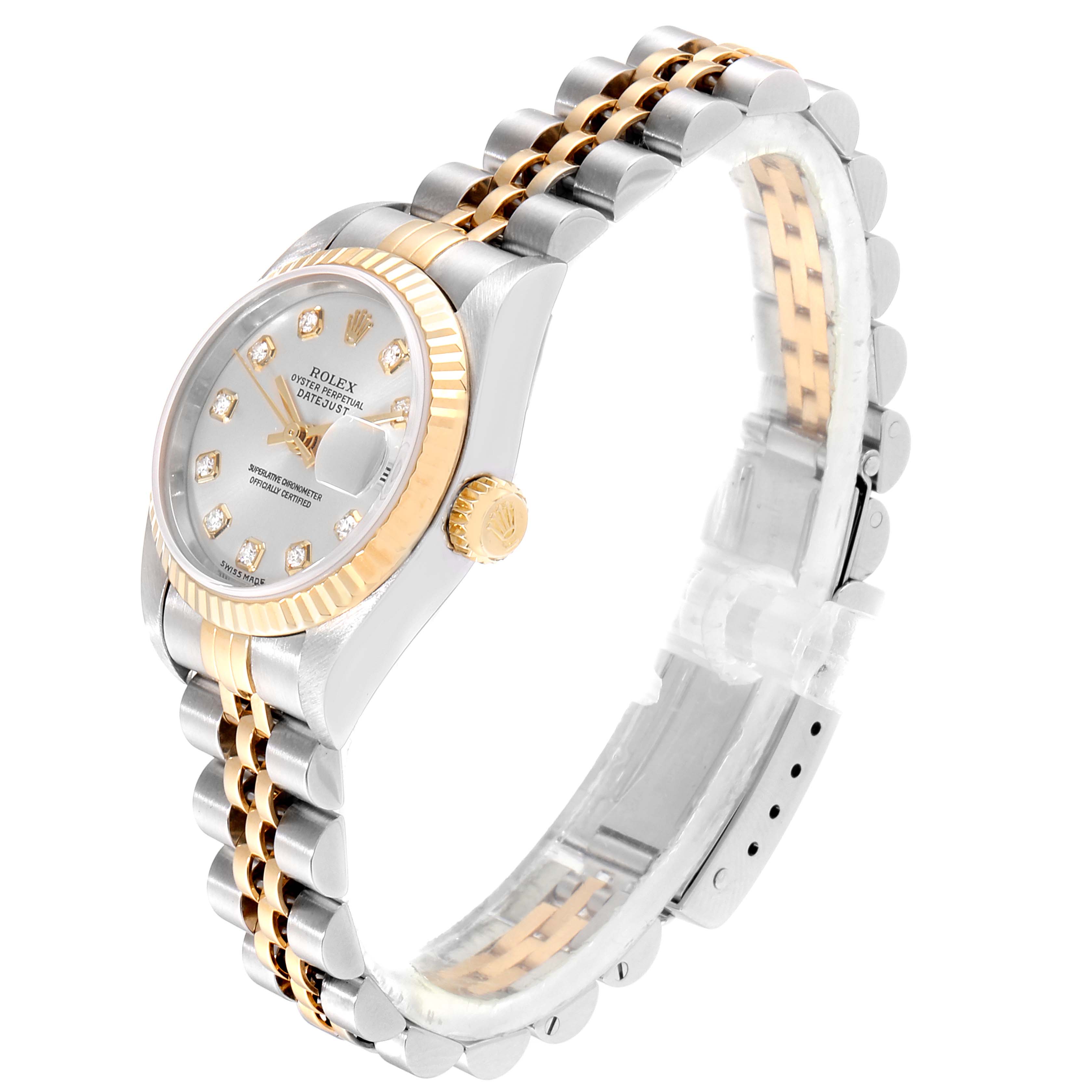This image shows a Rolex Datejust 79173 Women's Stainless Steel Silver Dial 79173 Women's Stainless Steel Silver Dial watch at an angle highlighting the face, bezel, crown, and bracelet.