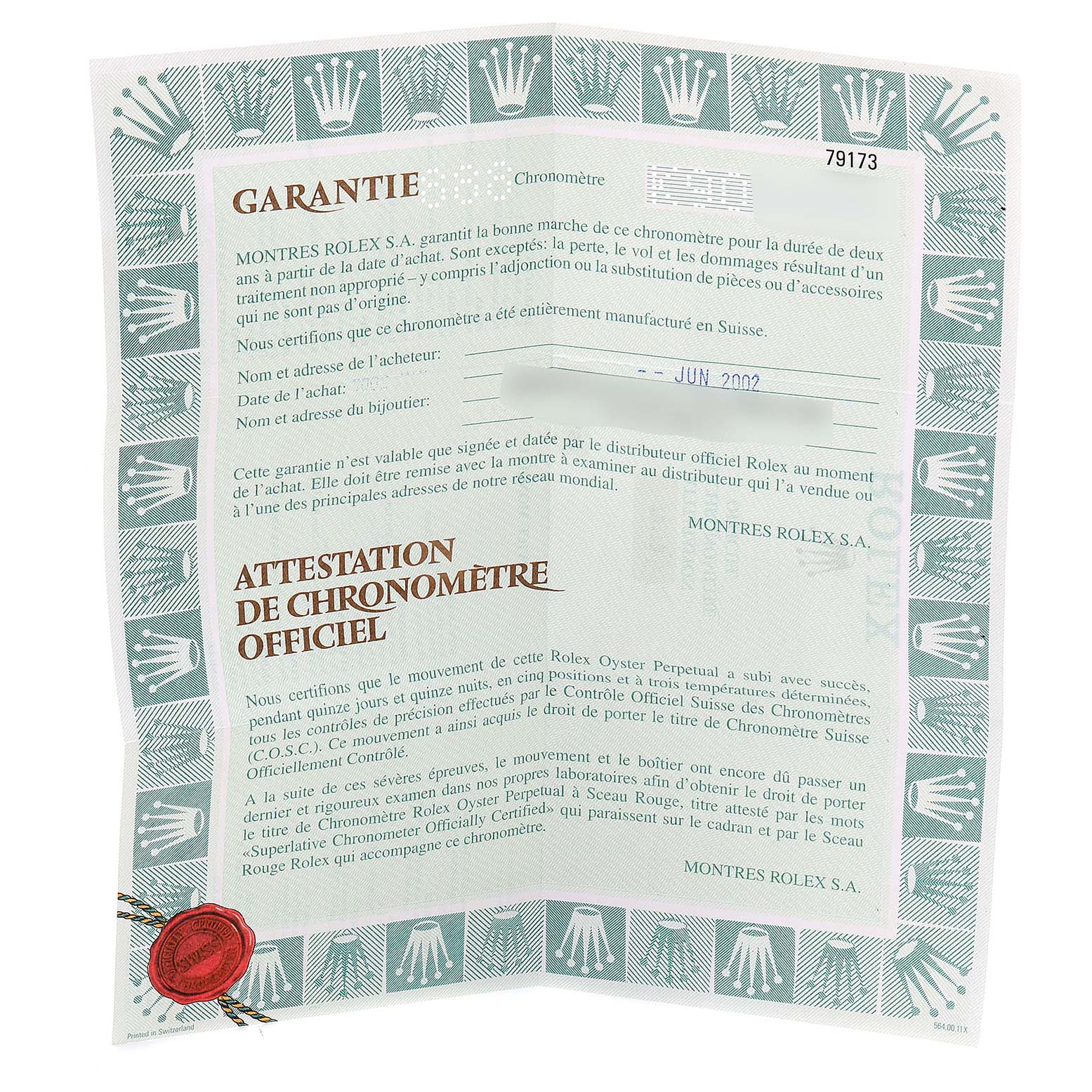 This image shows the warranty card and official chronometer certificate for a Rolex Datejust 79173 Women's Stainless Steel Silver Dial 79173 Women's Stainless Steel Silver Dial watch.