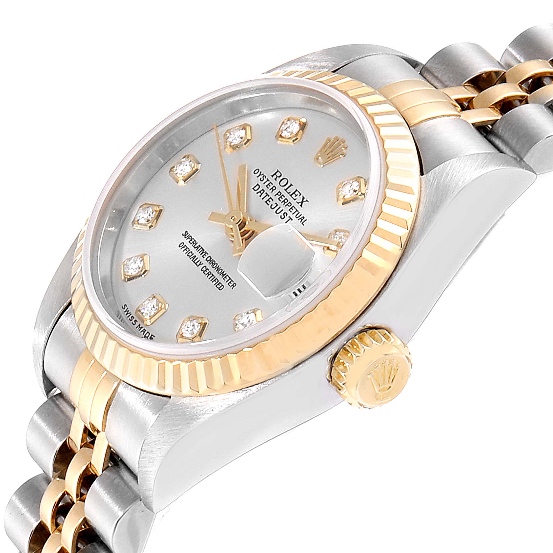 The image shows a Rolex Datejust 79173 Women's Stainless Steel Silver Dial 79173 Women's Stainless Steel Silver Dial watch at an angled front view, highlighting the dial, bezel, crown, and bracelet.