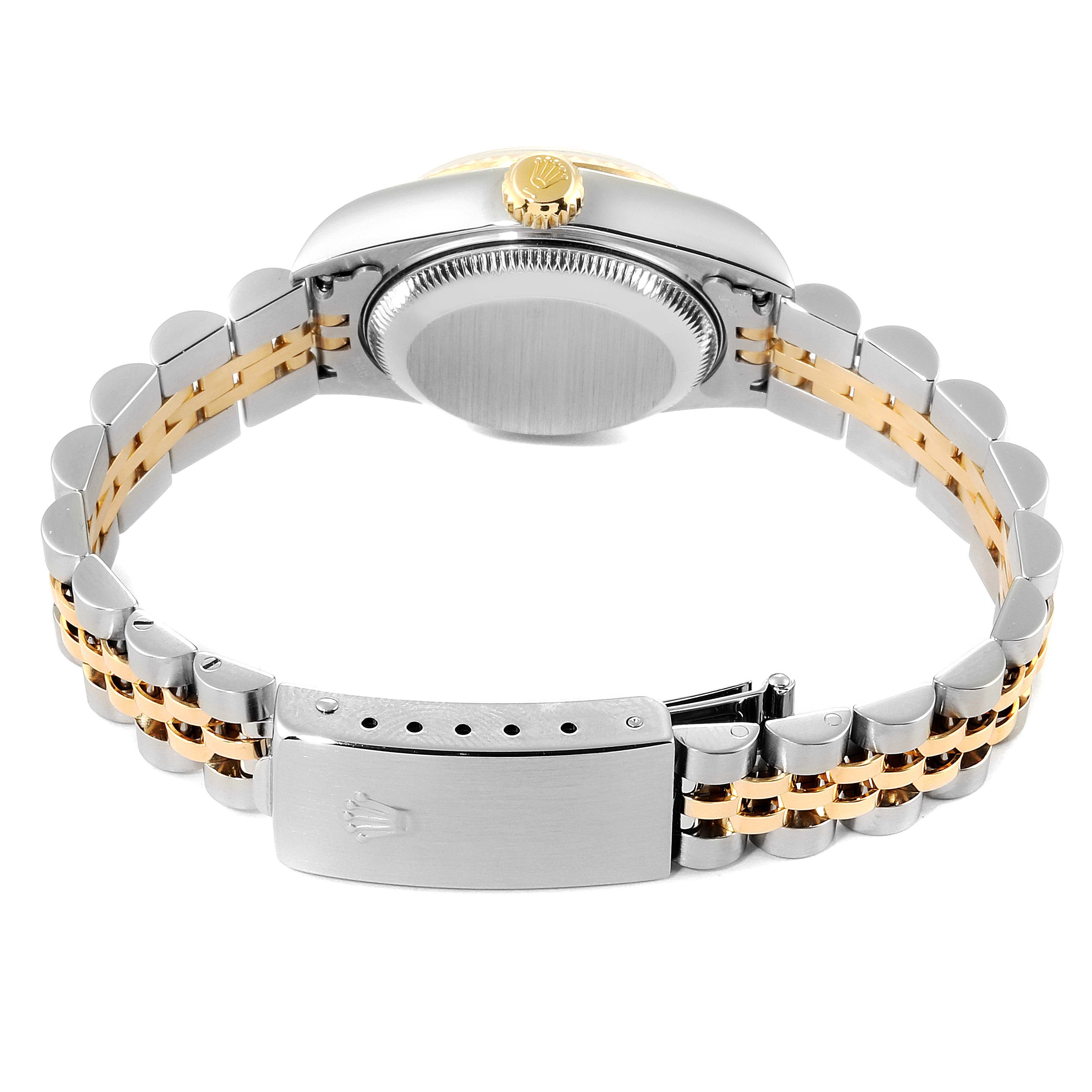 This Rolex Datejust 79173 Women's Stainless Steel Silver Dial 79173 Women's Stainless Steel Silver Dial watch is shown from the back, displaying the case back, crown, and two-tone bracelet with clasp.