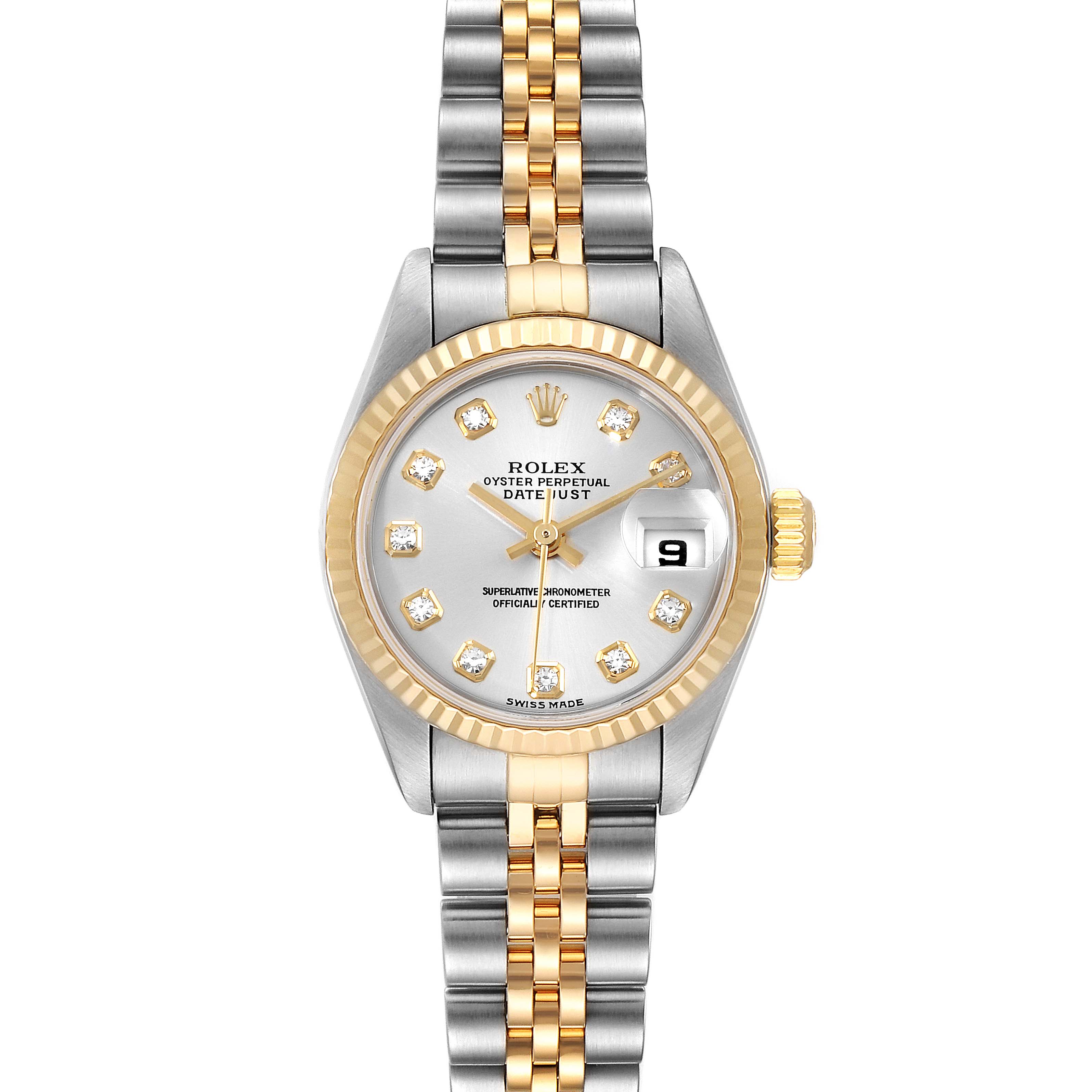 This Rolex Datejust 79173 Women's Stainless Steel Silver Dial 79173 Women's Stainless Steel Silver Dial watch is shown from a top-down angle, displaying its two-tone bracelet, silver dial, and date window.