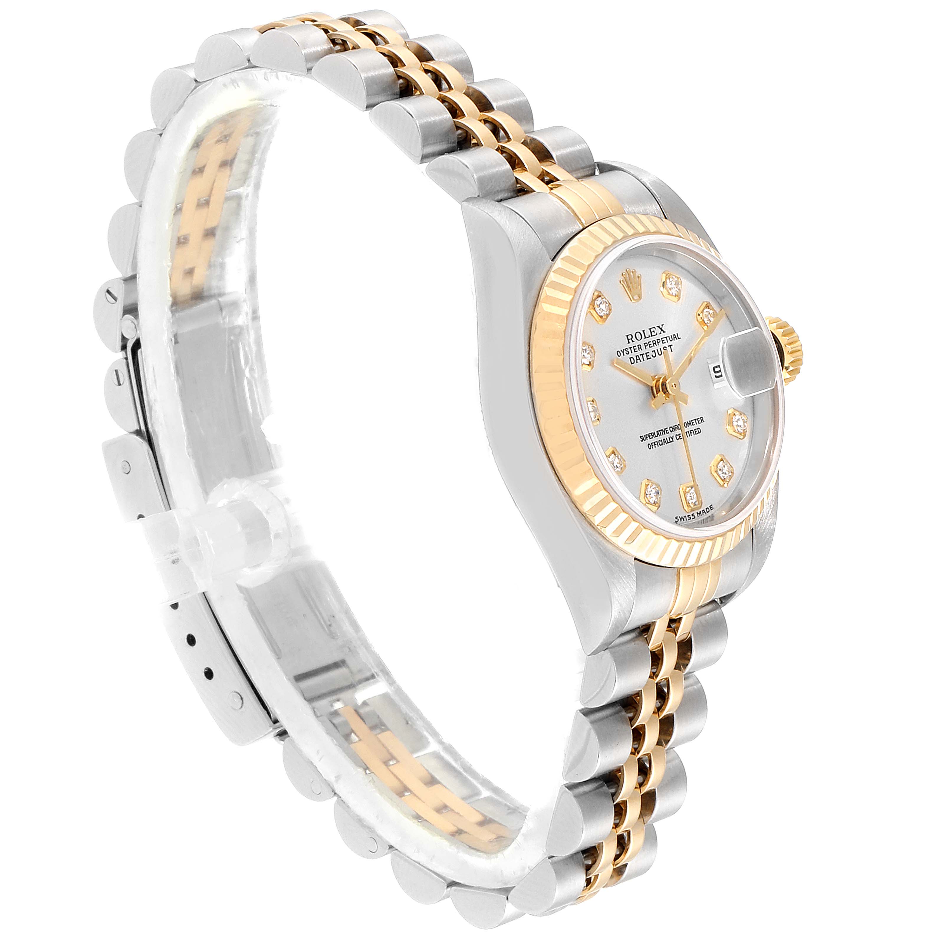 This image shows a side view of the Rolex Datejust 79173 Women's Stainless Steel Silver Dial 79173 Women's Stainless Steel Silver Dial watch, highlighting the dial, bezel, and two-tone bracelet.