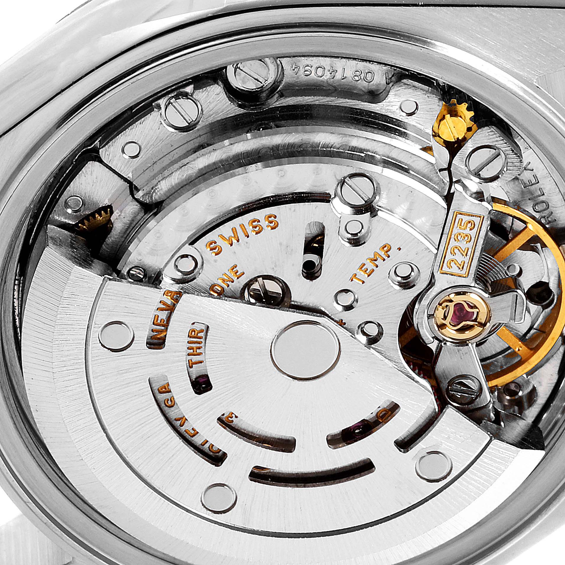 This image shows the intricate internal mechanism of the Rolex Datejust 79173 Women's Stainless Steel Silver Dial 79173 Women's Stainless Steel Silver Dial watch from a close-up, top-down angle.