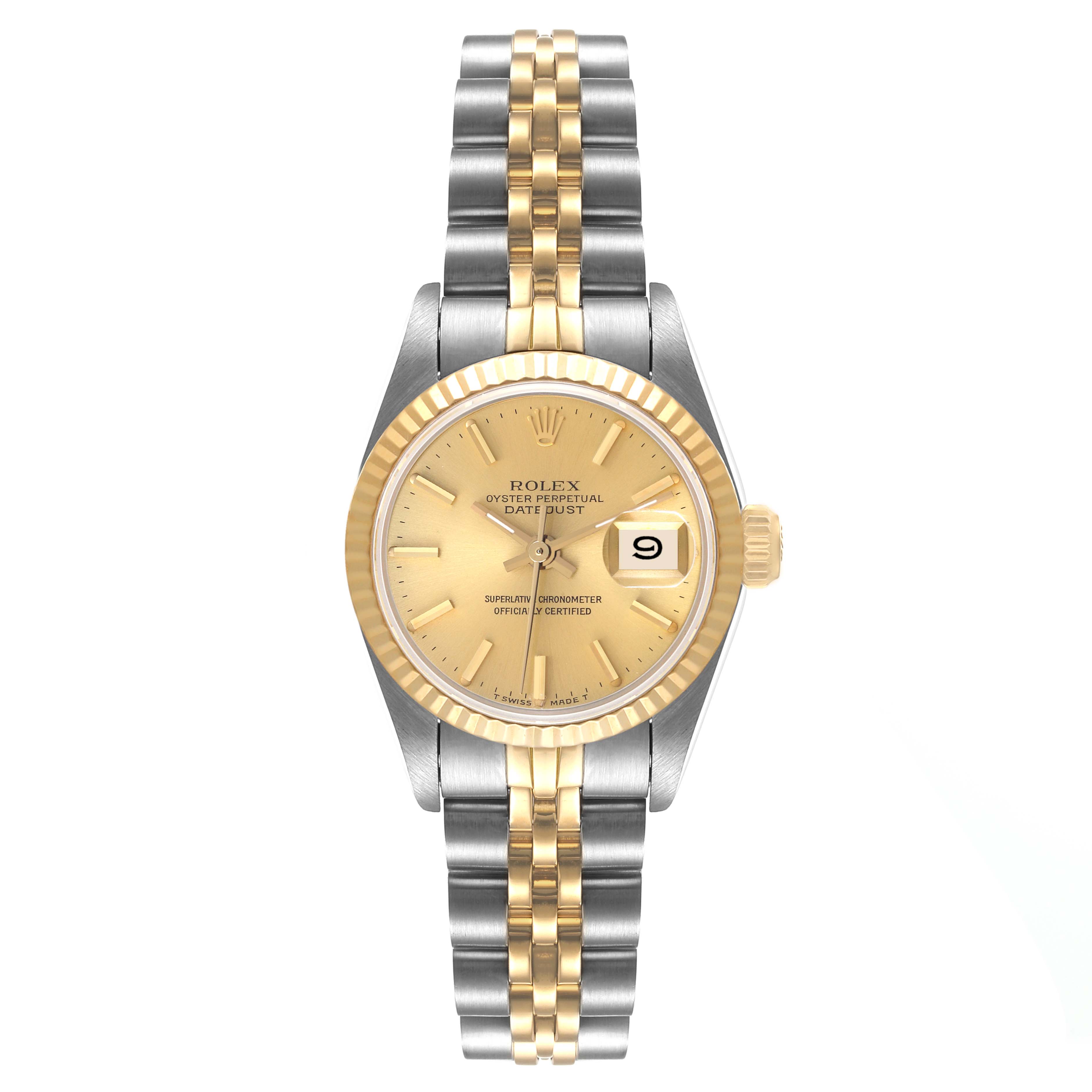 The image shows a Rolex Datejust 69173 Women's Steel and Gold (two tone) Champagne Dial 69173 Women's Steel and Gold (two tone) Champagne Dial watch from a front angle, displaying its dial, bezel, and jubilee bracelet.