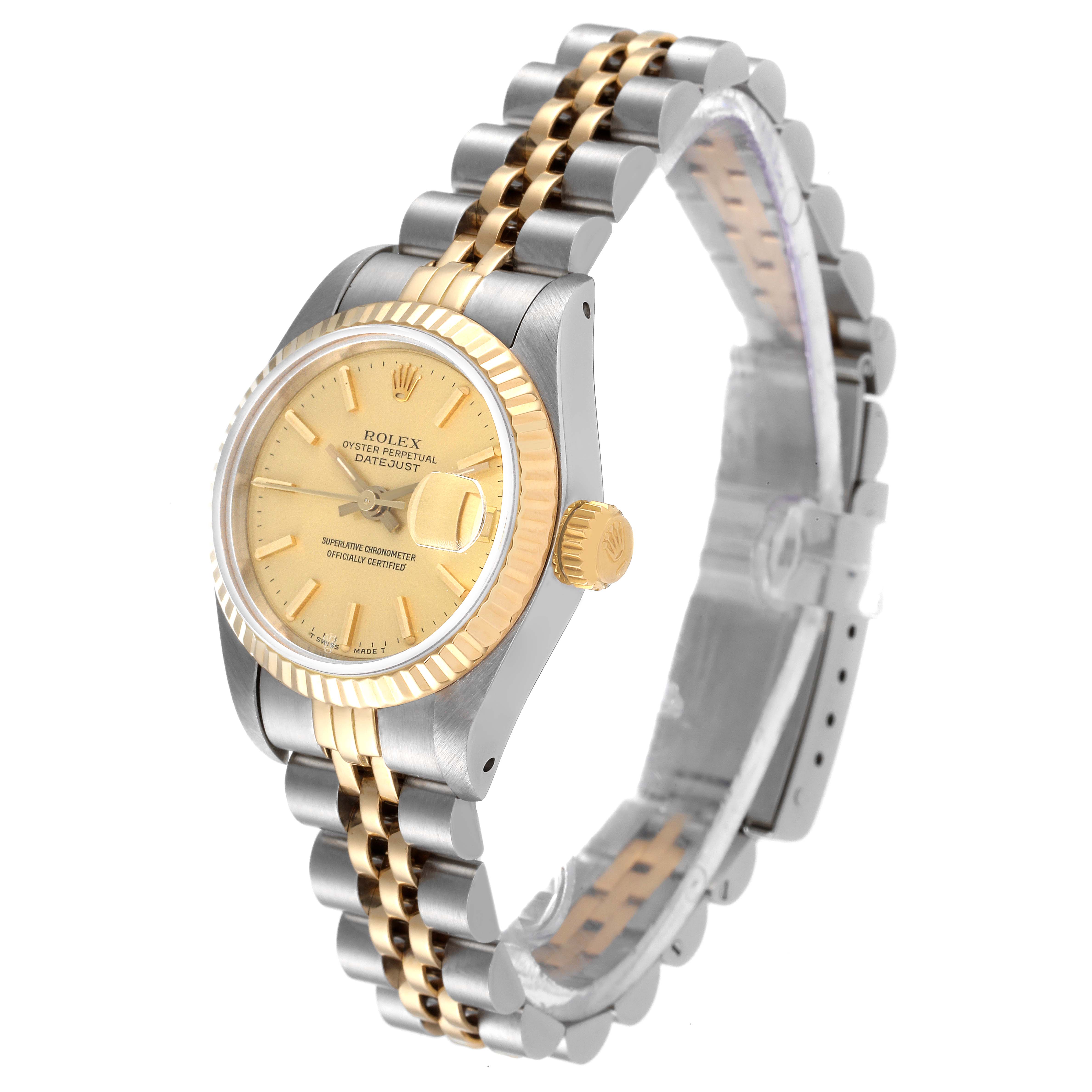 The image shows a Rolex Datejust 69173 Women's Steel and Gold (two tone) Champagne Dial 69173 Women's Steel and Gold (two tone) Champagne Dial watch at an angle highlighting the dial, bezel, crown, and a portion of the two-tone bracelet.