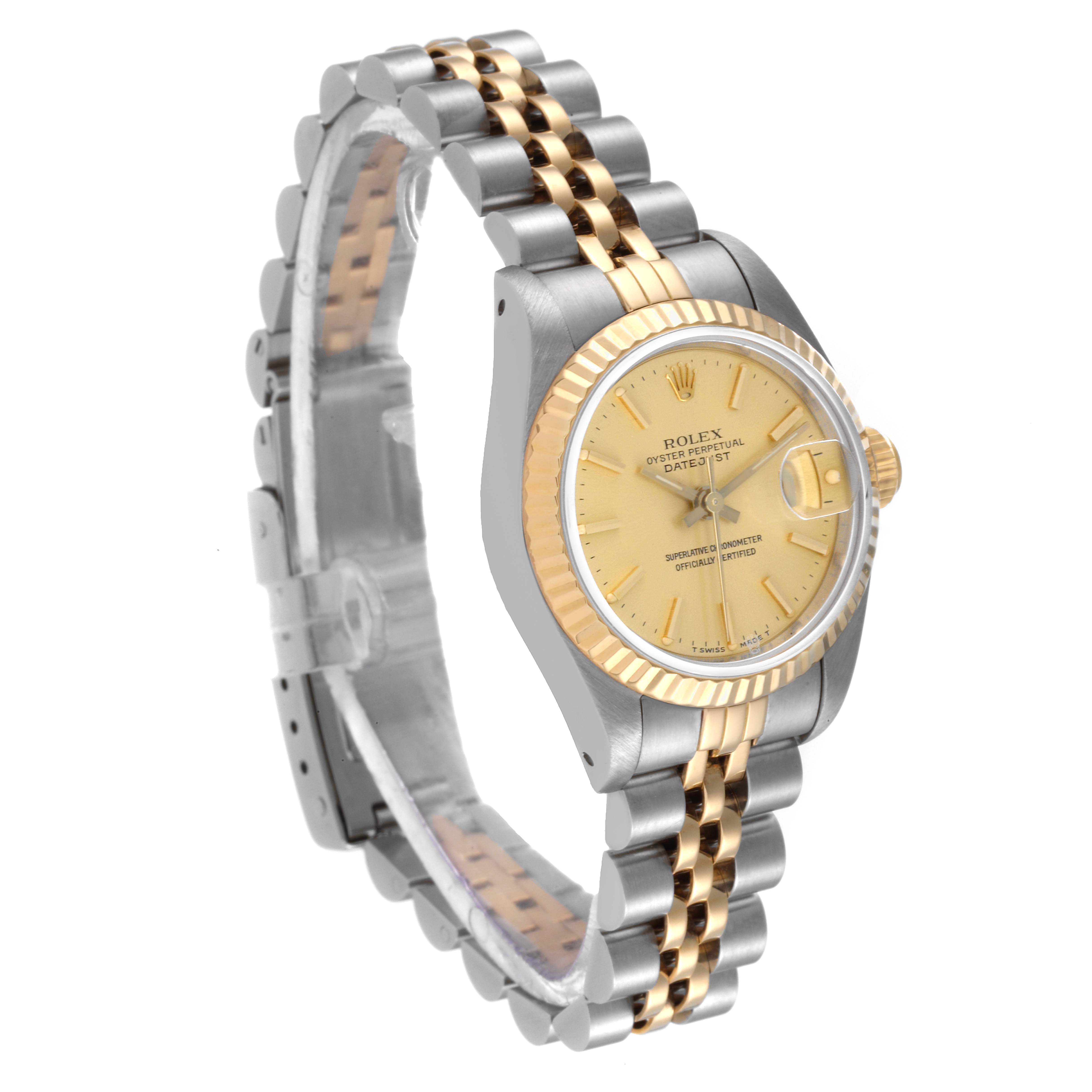 The image shows a Rolex Datejust 69173 Women's Steel and Gold (two tone) Champagne Dial 69173 Women's Steel and Gold (two tone) Champagne Dial watch displayed at a slight angle, highlighting the face, bezel, and two-tone metal bracelet.