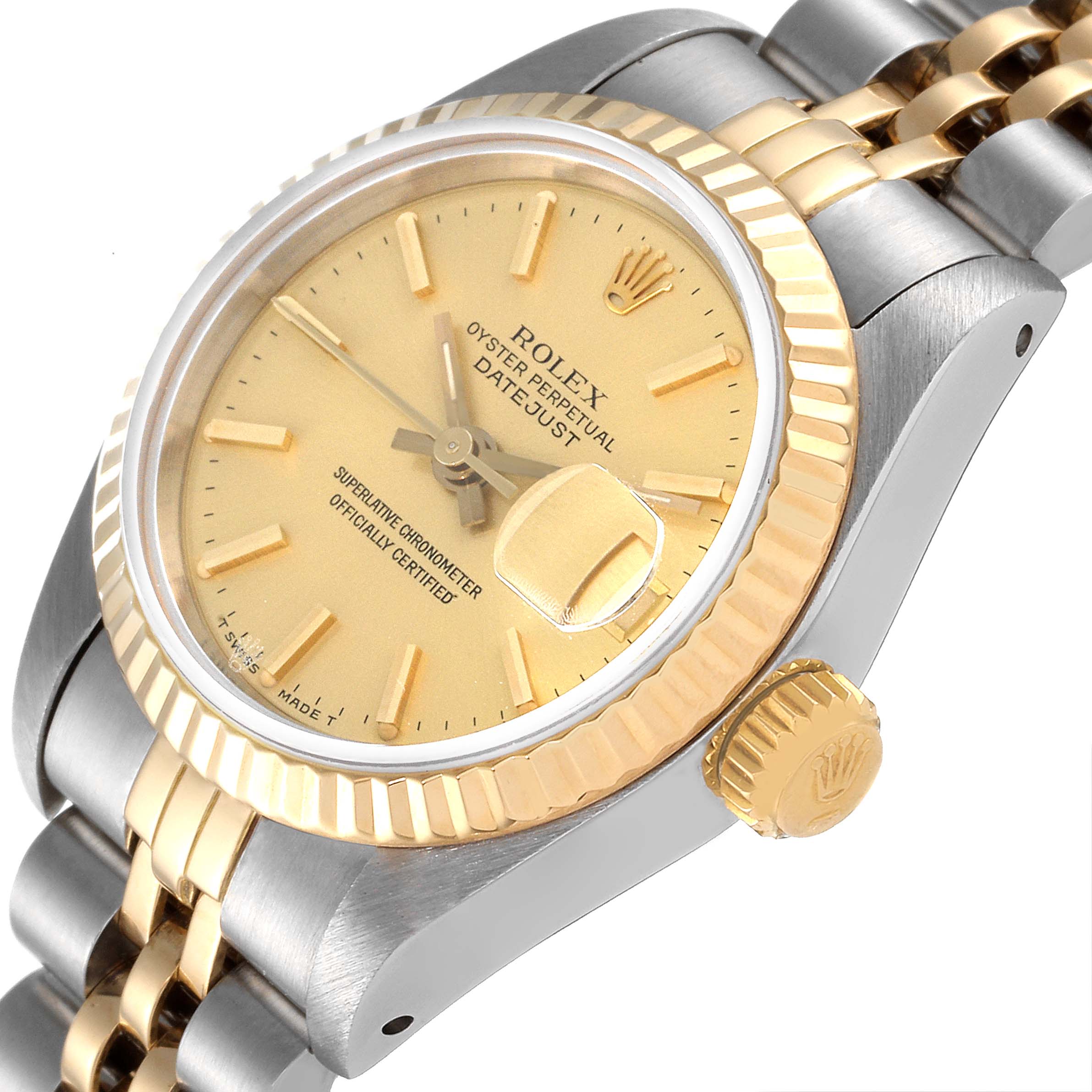 The image shows a close-up angle of the Rolex Datejust 69173 Women's Steel and Gold (two tone) Champagne Dial 69173 Women's Steel and Gold (two tone) Champagne Dial, focusing on the face, bezel, crown, and part of the bracelet.
