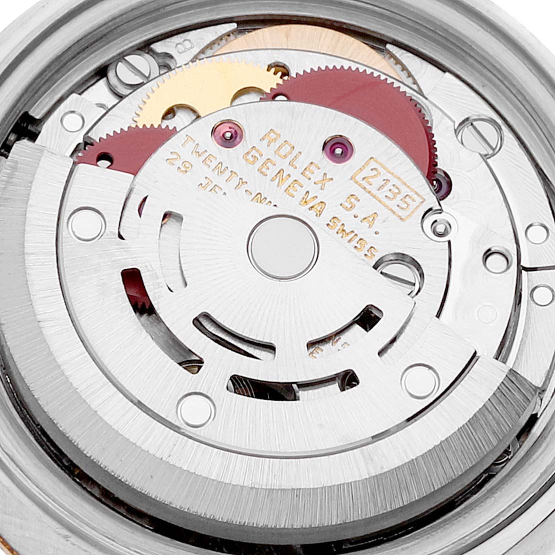 This image shows the internal mechanical components of the Rolex Datejust 69173 Women's Steel and Gold (two tone) Champagne Dial 69173 Women's Steel and Gold (two tone) Champagne Dial watch from an underside view.
