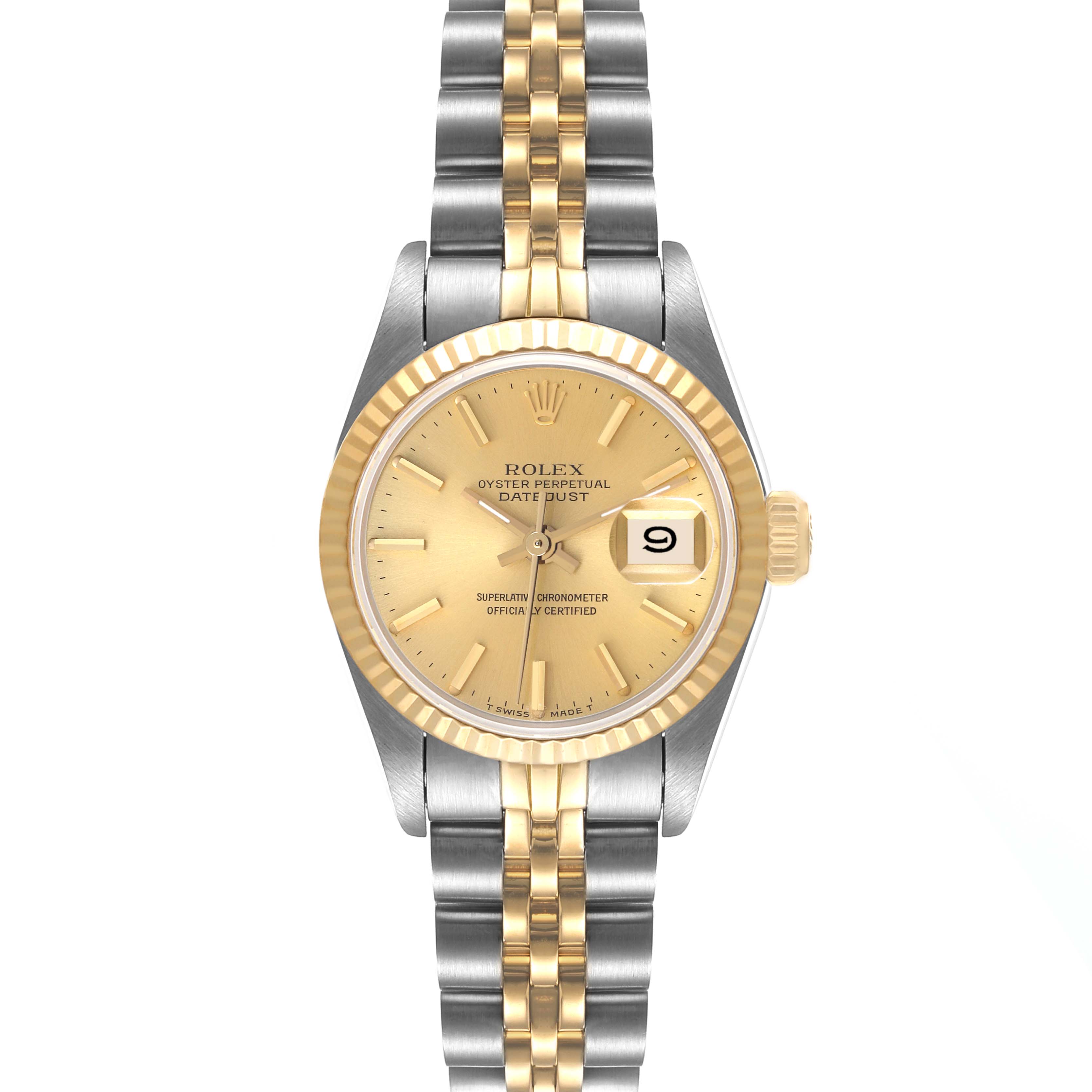 This image shows the Rolex Datejust 69173 Women's Steel and Gold (two tone) Champagne Dial 69173 Women's Steel and Gold (two tone) Champagne Dial watch from a front view, displaying its face, bezel, crown, and two-tone bracelet.