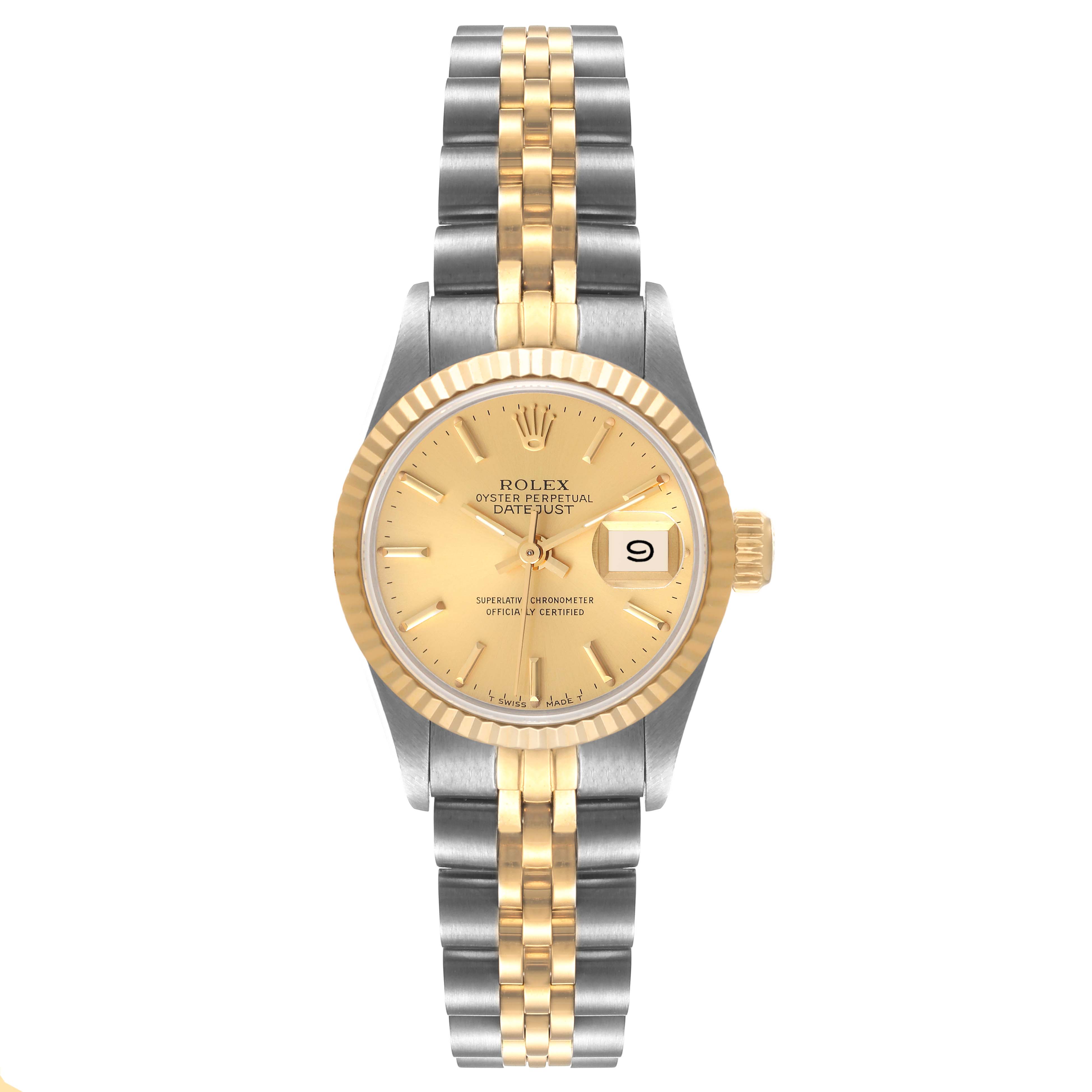 The image shows a Rolex Datejust 69173 Women's Steel and Gold (two tone) Champagne Dial 69173 Women's Steel and Gold (two tone) Champagne Dial watch with a two-tone bracelet, gold bezel, and champagne dial, viewed from the front.