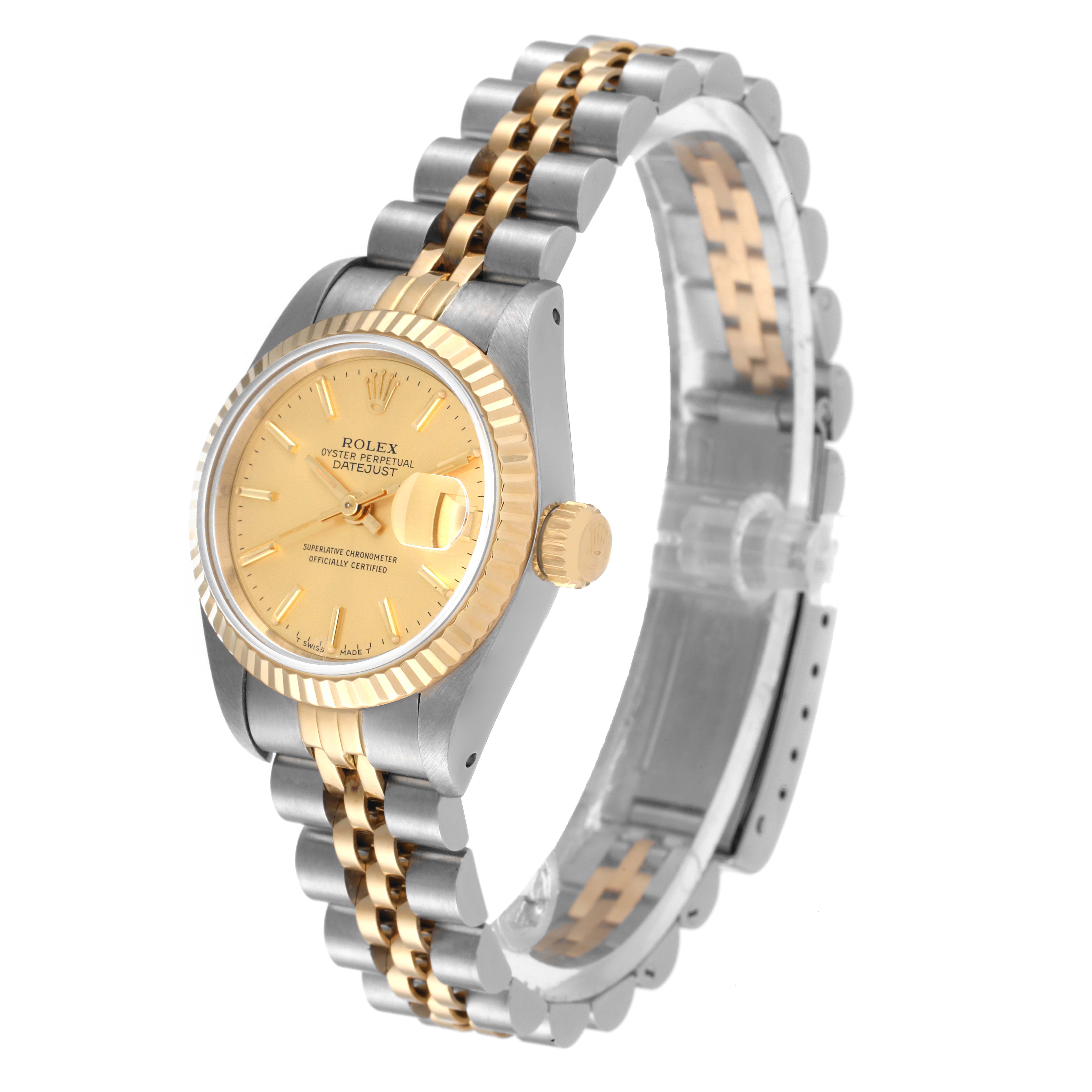 The Rolex Datejust 69173 Women's Steel and Gold (two tone) Champagne Dial 69173 Women's Steel and Gold (two tone) Champagne Dial watch is shown at an angle highlighting the dial, bezel, crown, and bracelet.