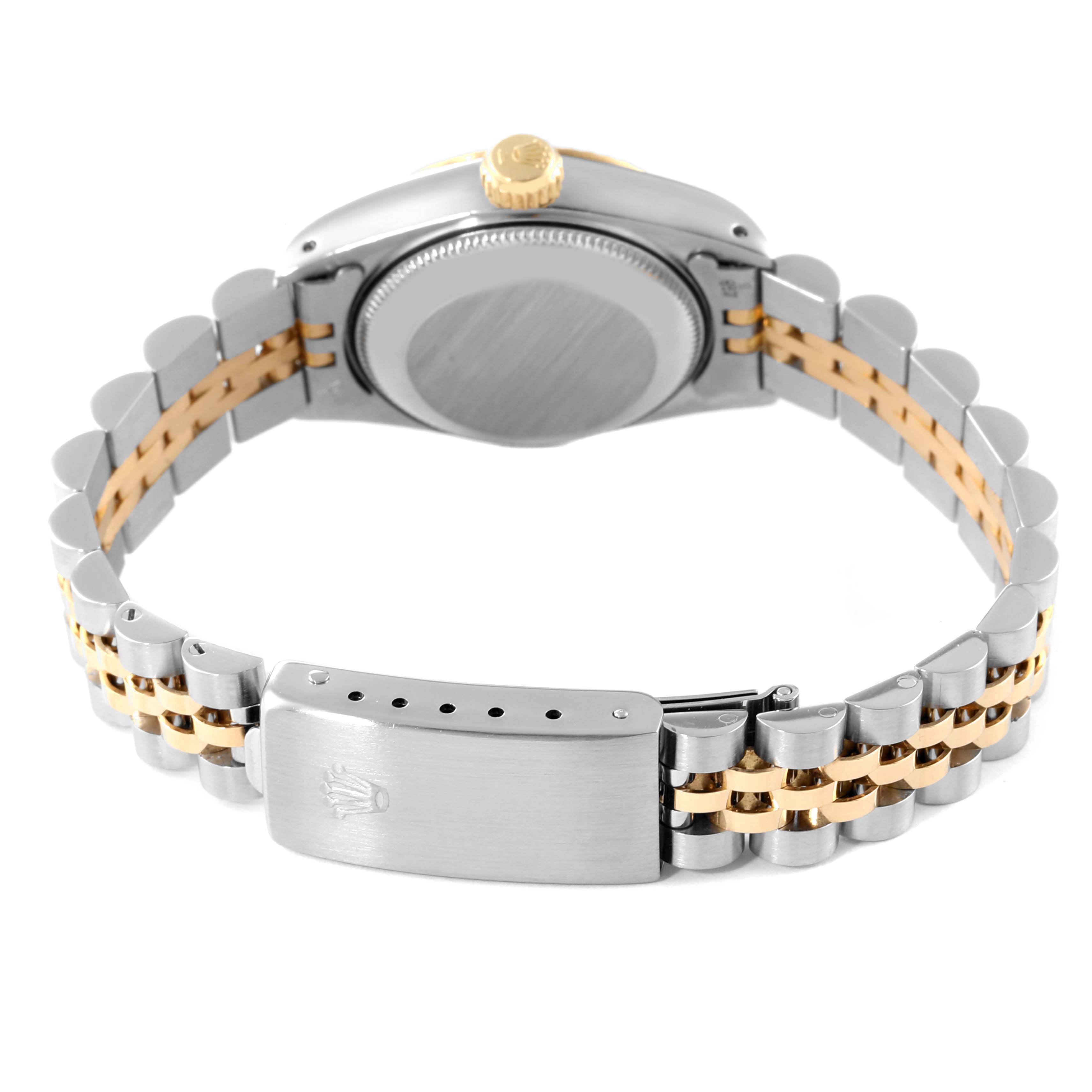 This is the back view of a Rolex Datejust 69173 Women's Steel and Gold (two tone) Champagne Dial 69173 Women's Steel and Gold (two tone) Champagne Dial watch showing its case back, crown, and bi-metal bracelet.