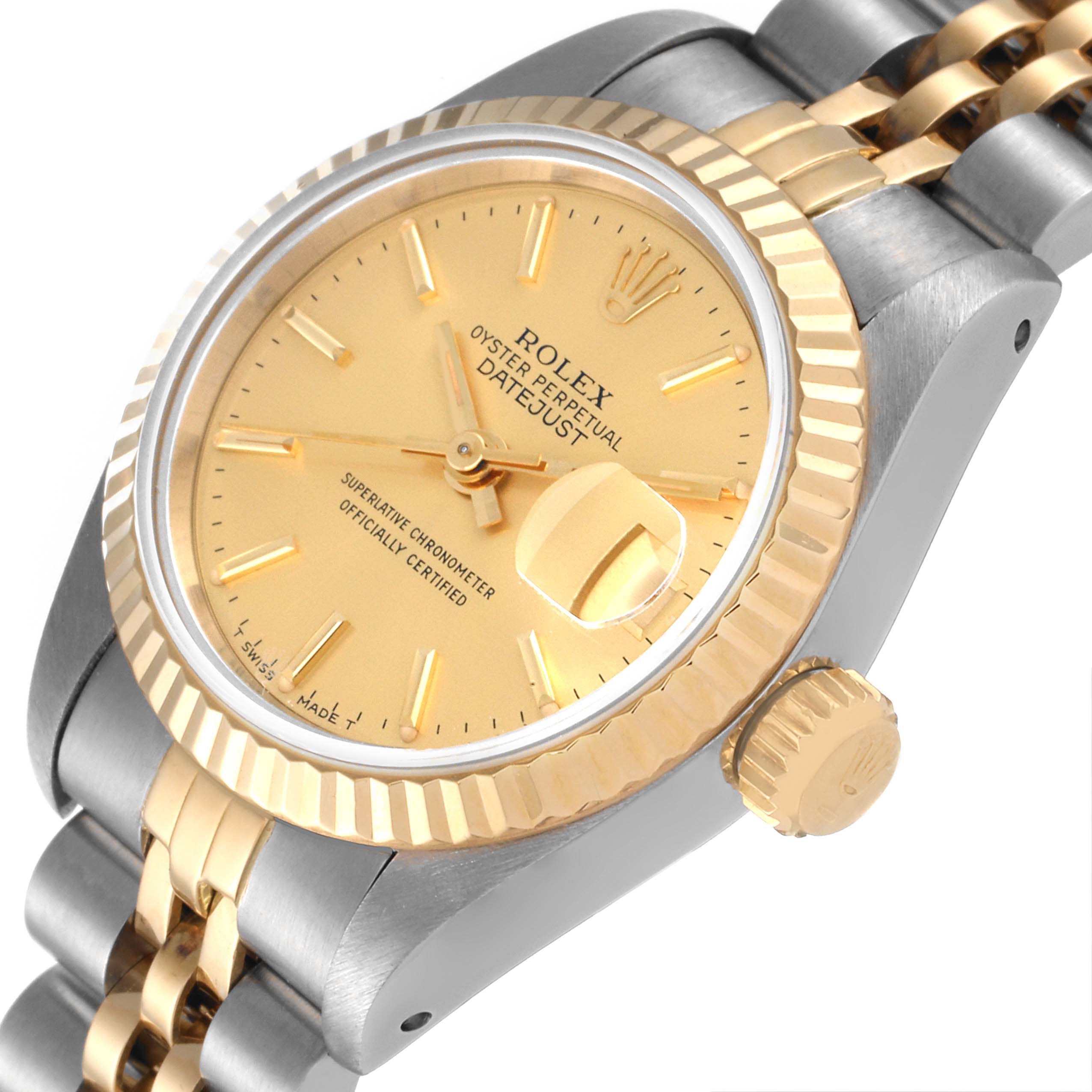 This image shows the Rolex Datejust 69173 Women's Steel and Gold (two tone) Champagne Dial 69173 Women's Steel and Gold (two tone) Champagne Dial watch at an angled close-up, highlighting its dial, crown, and part of the bracelet.