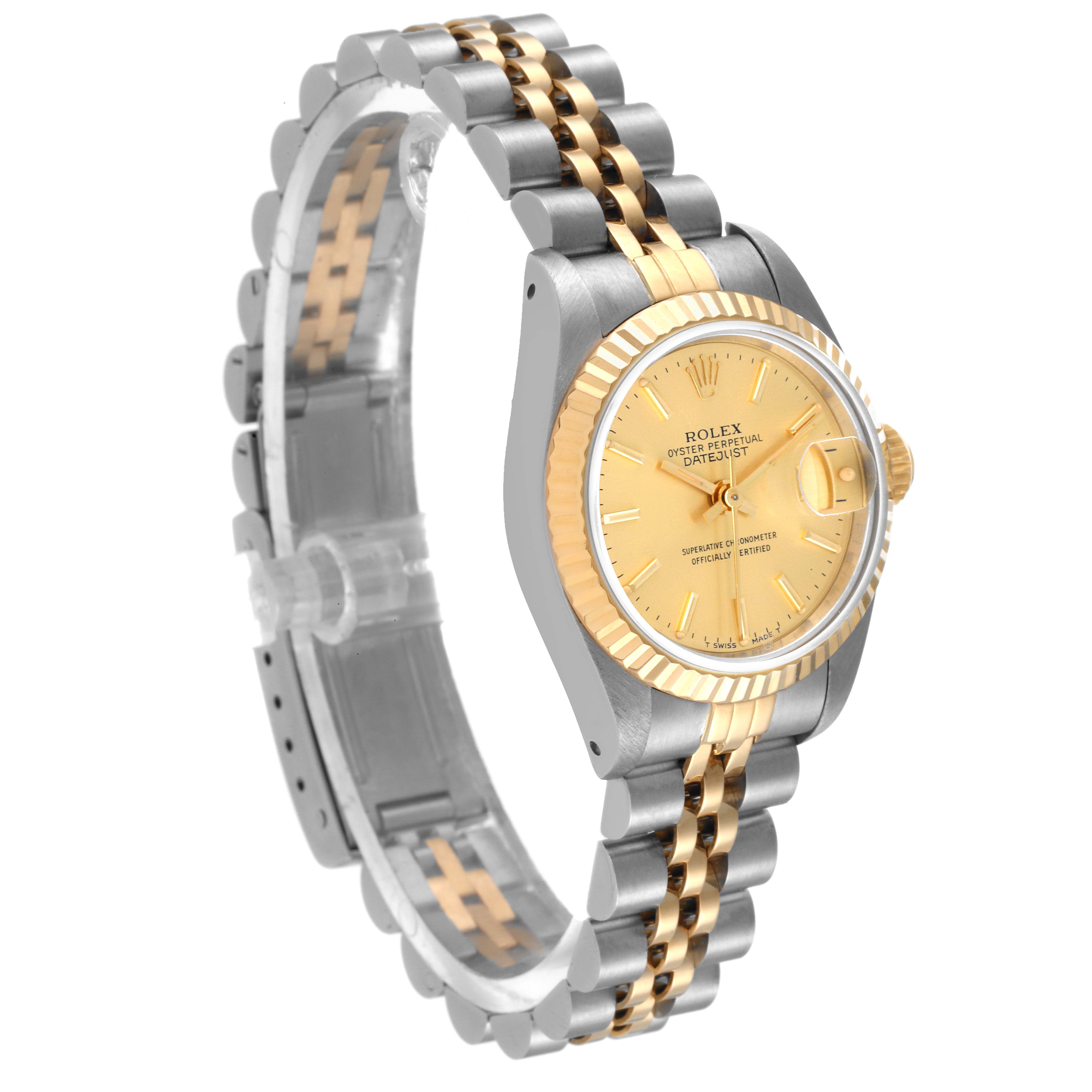 The image shows a side angle of a Rolex Datejust 69173 Women's Steel and Gold (two tone) Champagne Dial 69173 Women's Steel and Gold (two tone) Champagne Dial watch, highlighting its two-tone bracelet and gold fluted bezel.